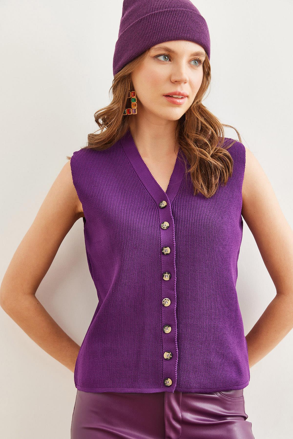 8 Düğmeli Fitilli Triko Yelek Mor