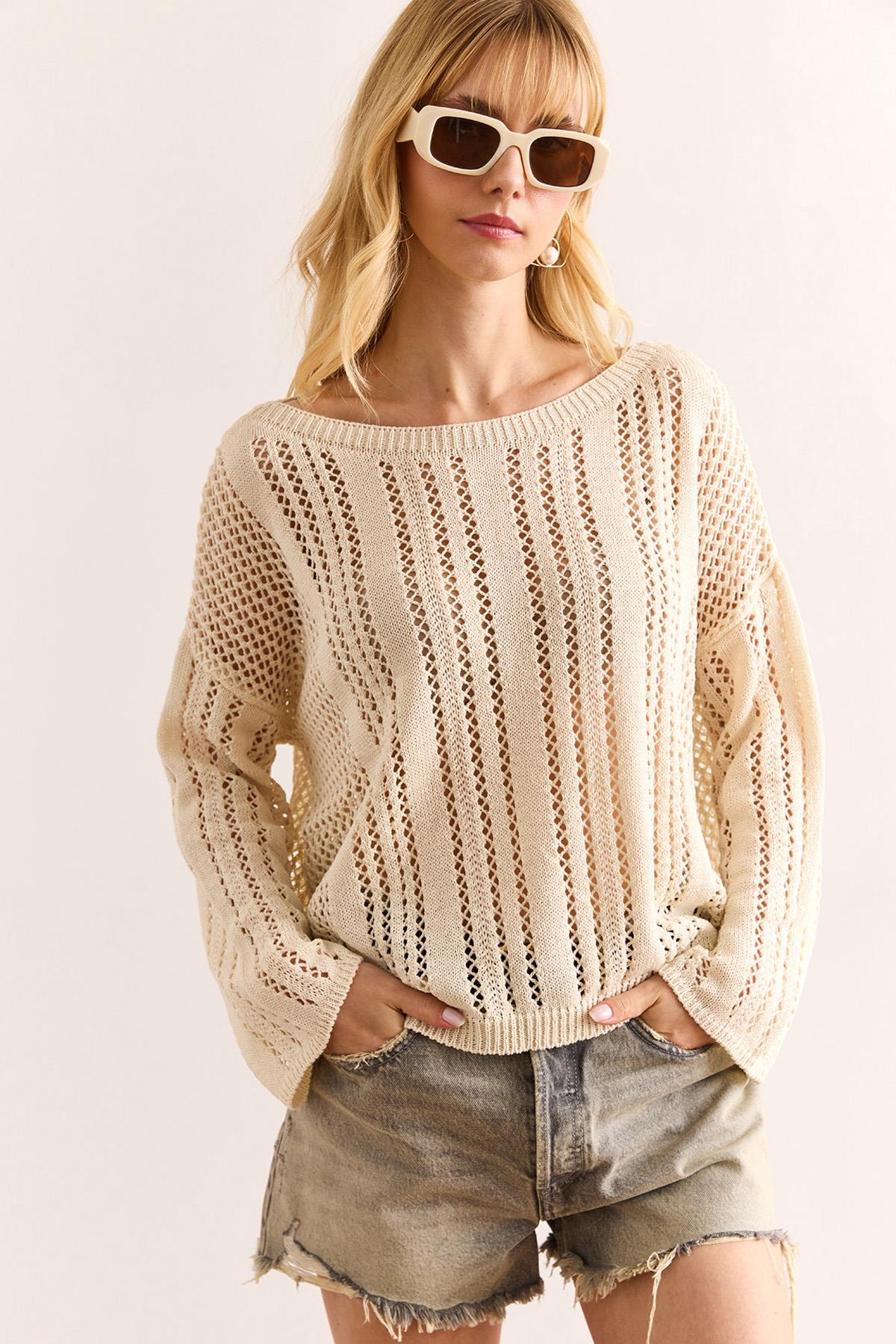 Ajurlu Relaxed Fit Mevsimlik Triko Bluz Ekru
