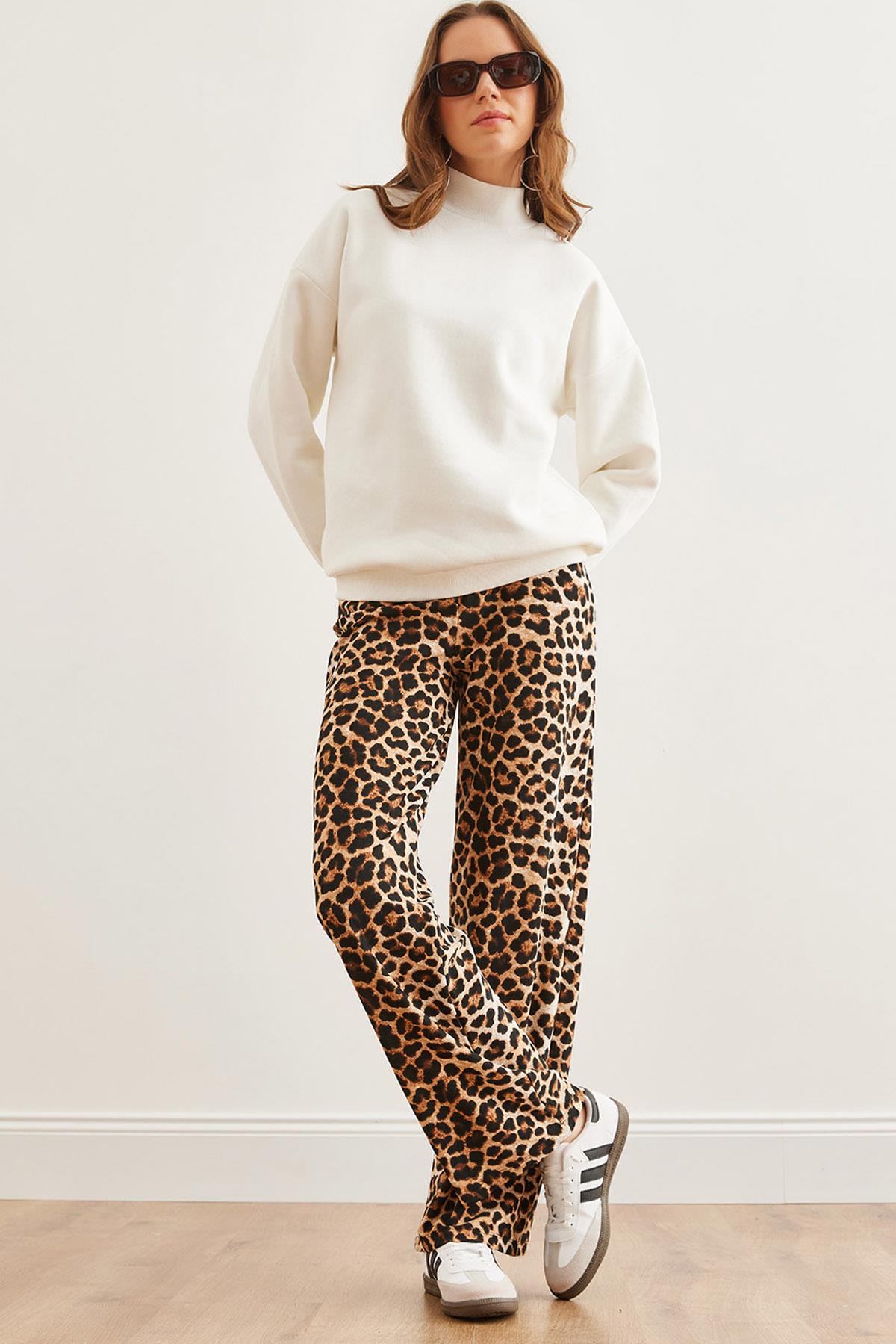 Animal Print Bol Paça Pantolon Leopar Kahve