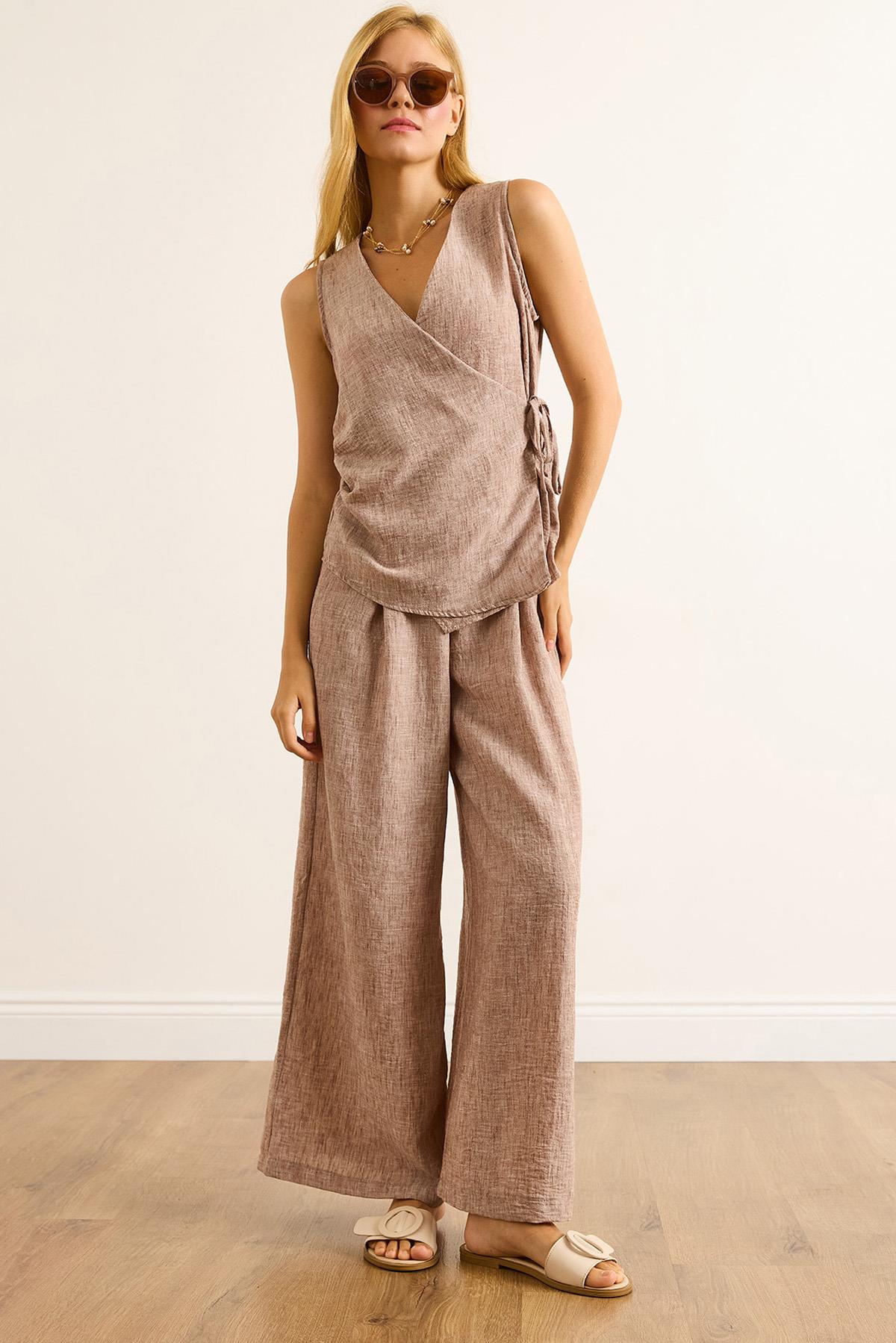 Anvelop Bluz Pileli Pantolon Takım Camel