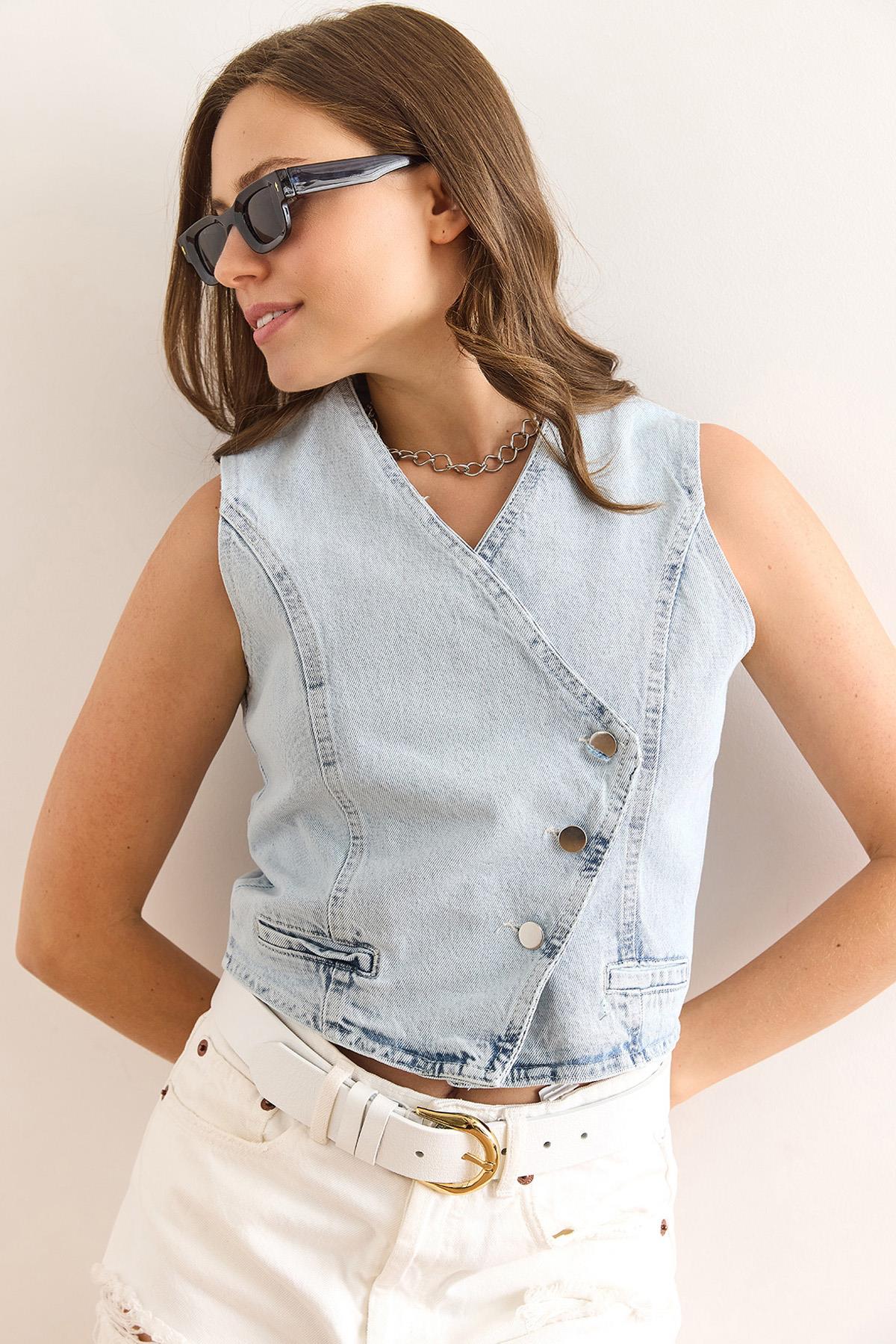Asimetrik Kapama Pamuk Denim Yelek Mavi