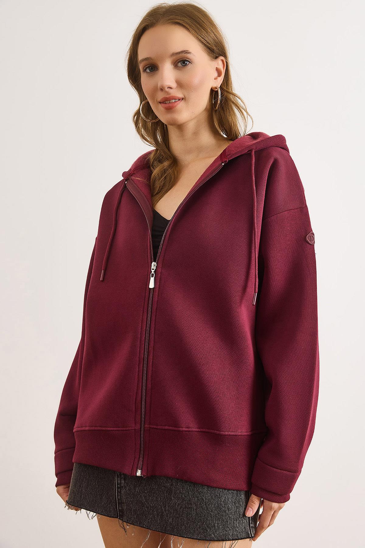 Asimetrik Ribanalı Manşet Detaylı Oversize Sweatshirt Bordo