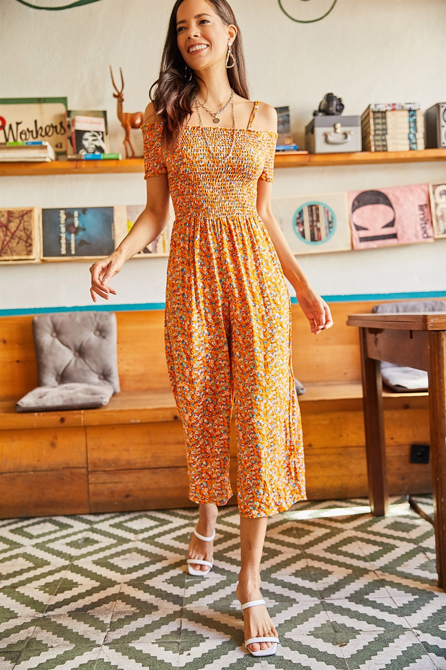 Askılı Gipeli Dokuma Viscon Tulum Turuncu