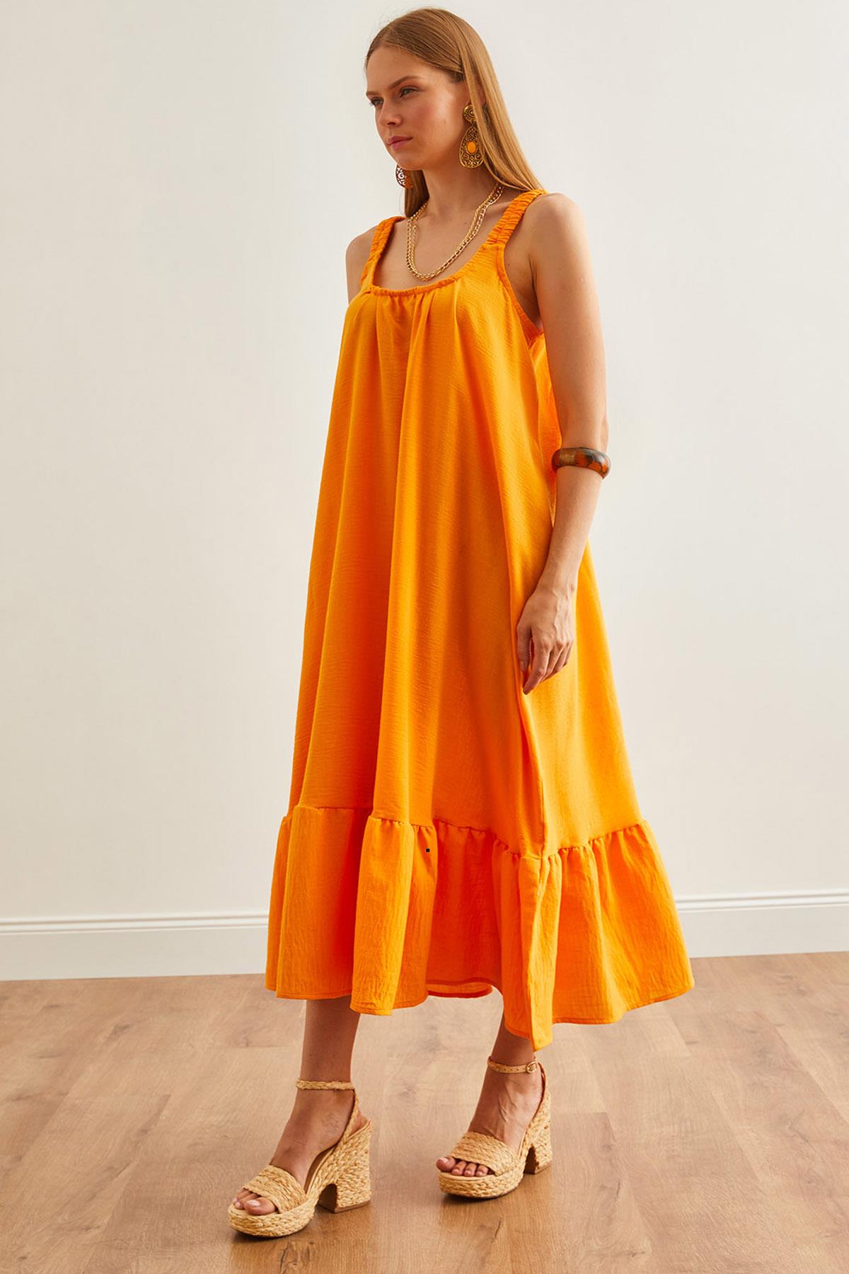Askılı Oversize Maxi Dokuma Elbise Açık Turuncu