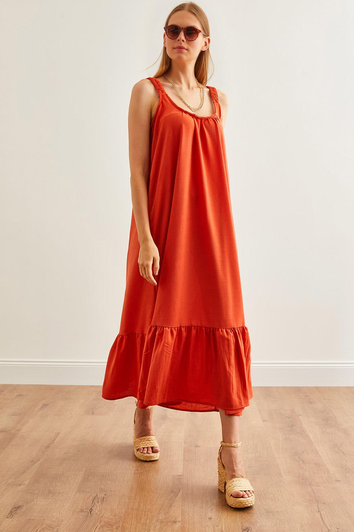 Askılı Oversize Maxi Dokuma Elbise Turuncu
