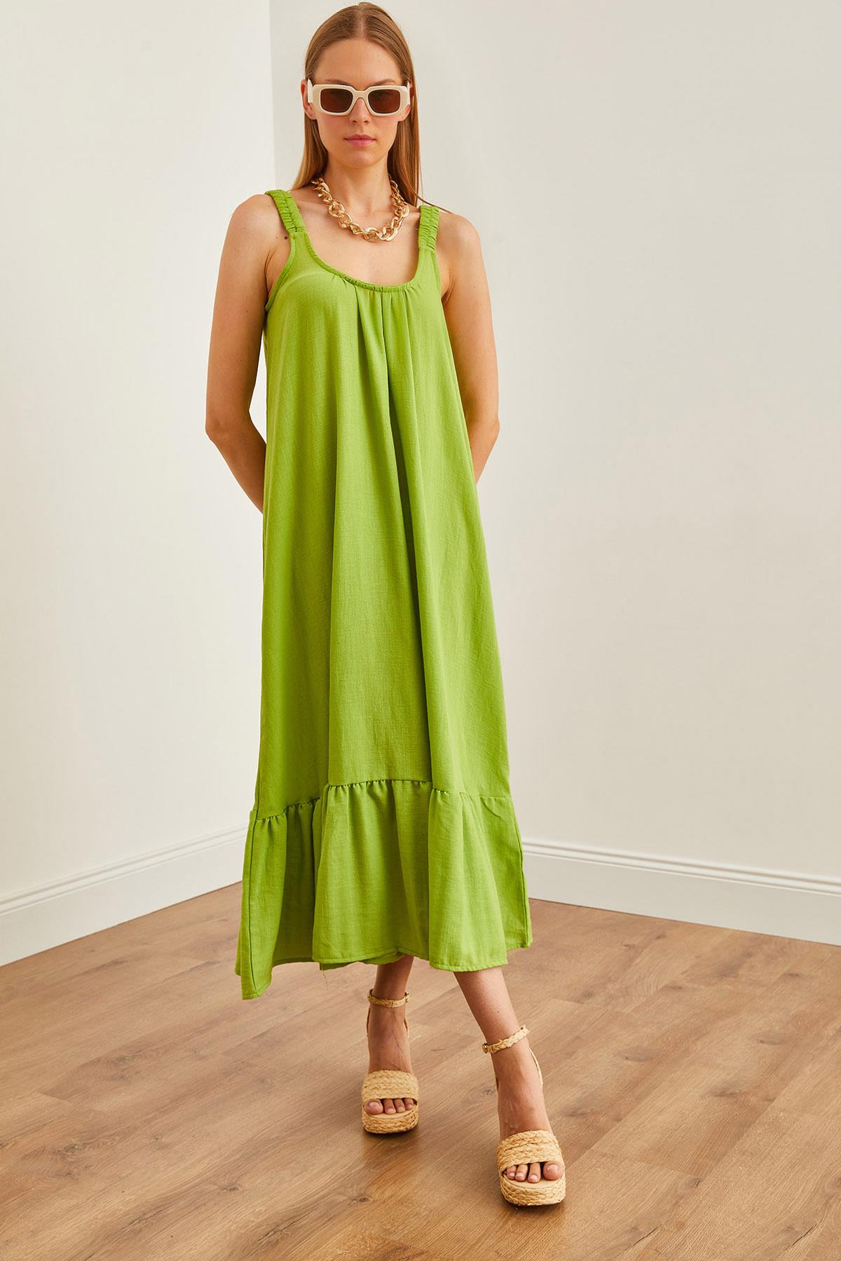 Askılı Oversize Maxi Dokuma Elbise Yağ Yeşili