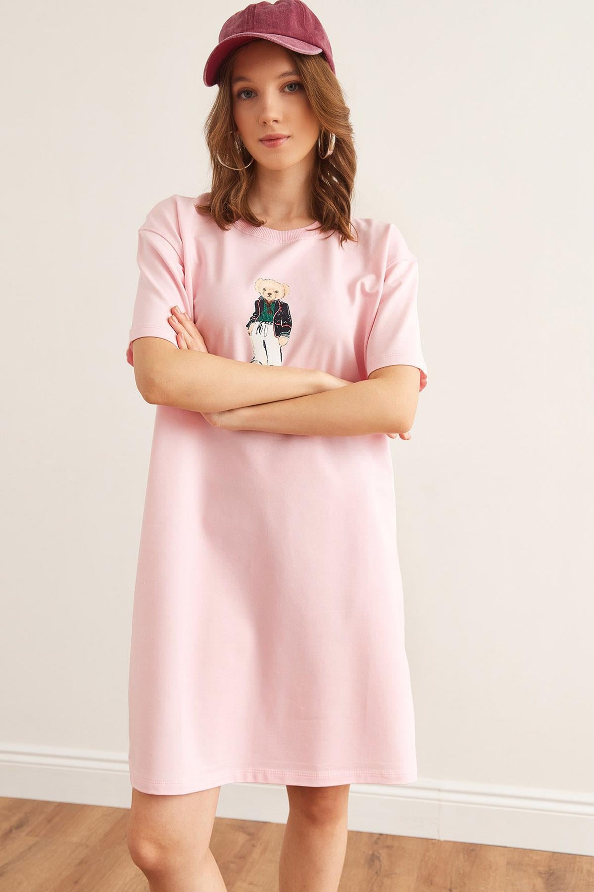 Ayıcık Baskılı Tunik Elbise Şeker Pembe