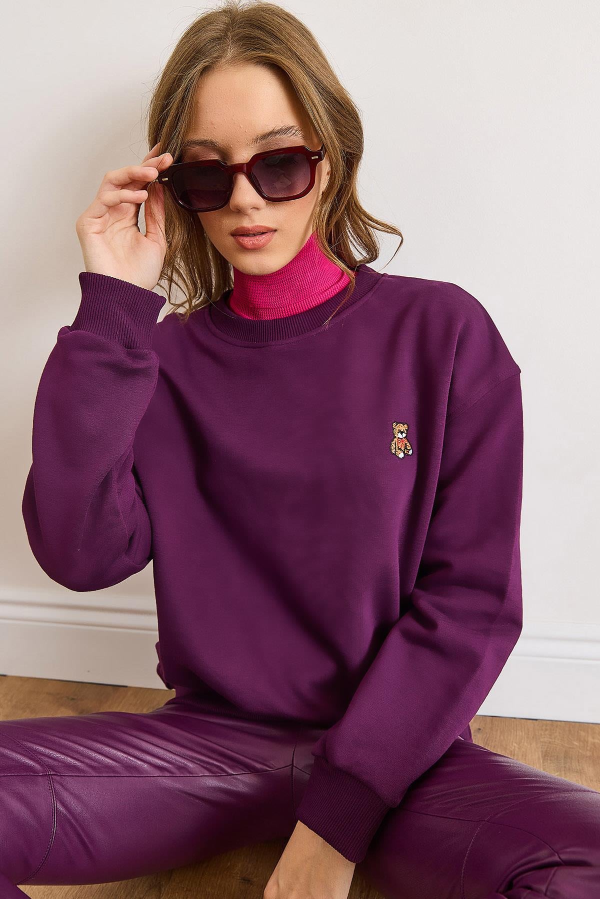 Ayıcık Nakışlı Dikiş Detaylı Şardonlu Kalın Sweatshirt Mürdüm