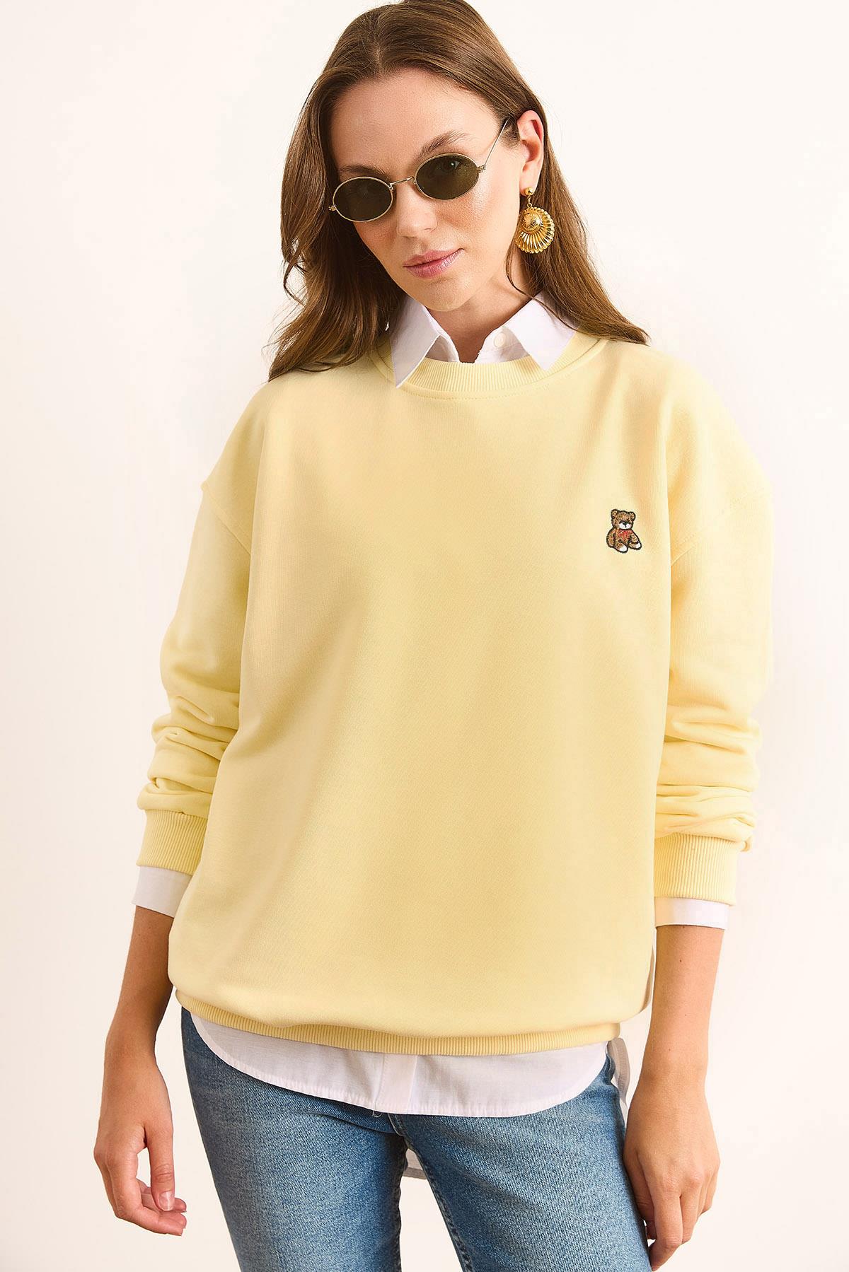 Ayıcık Nakışlı Dikiş Detaylı Şardonlu Kalın Sweatshirt Sarı