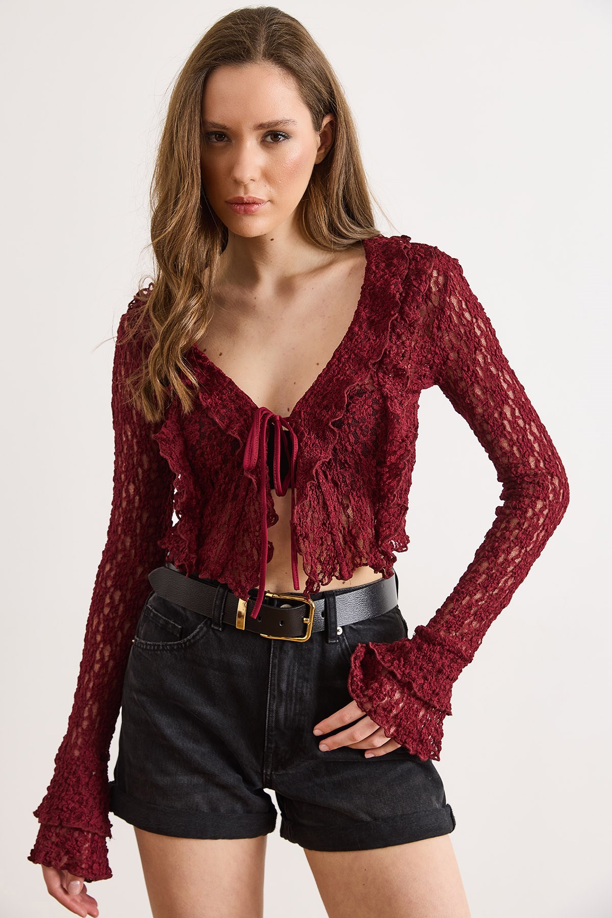Bağlama Detaylı Boho Dantel Bluz Bordo