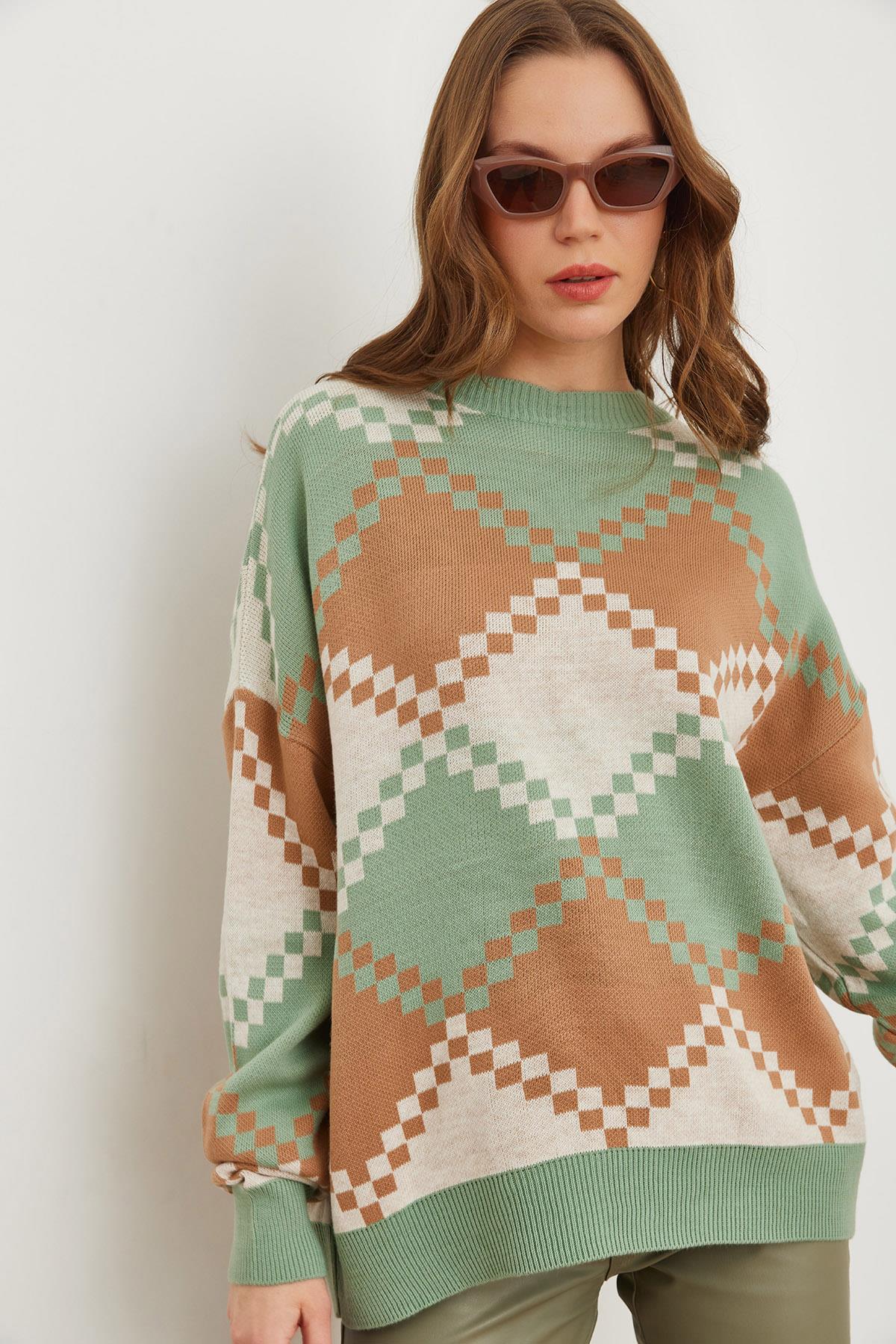 Baklava Desenli Oversize Triko Kazak Mint Yeşili
