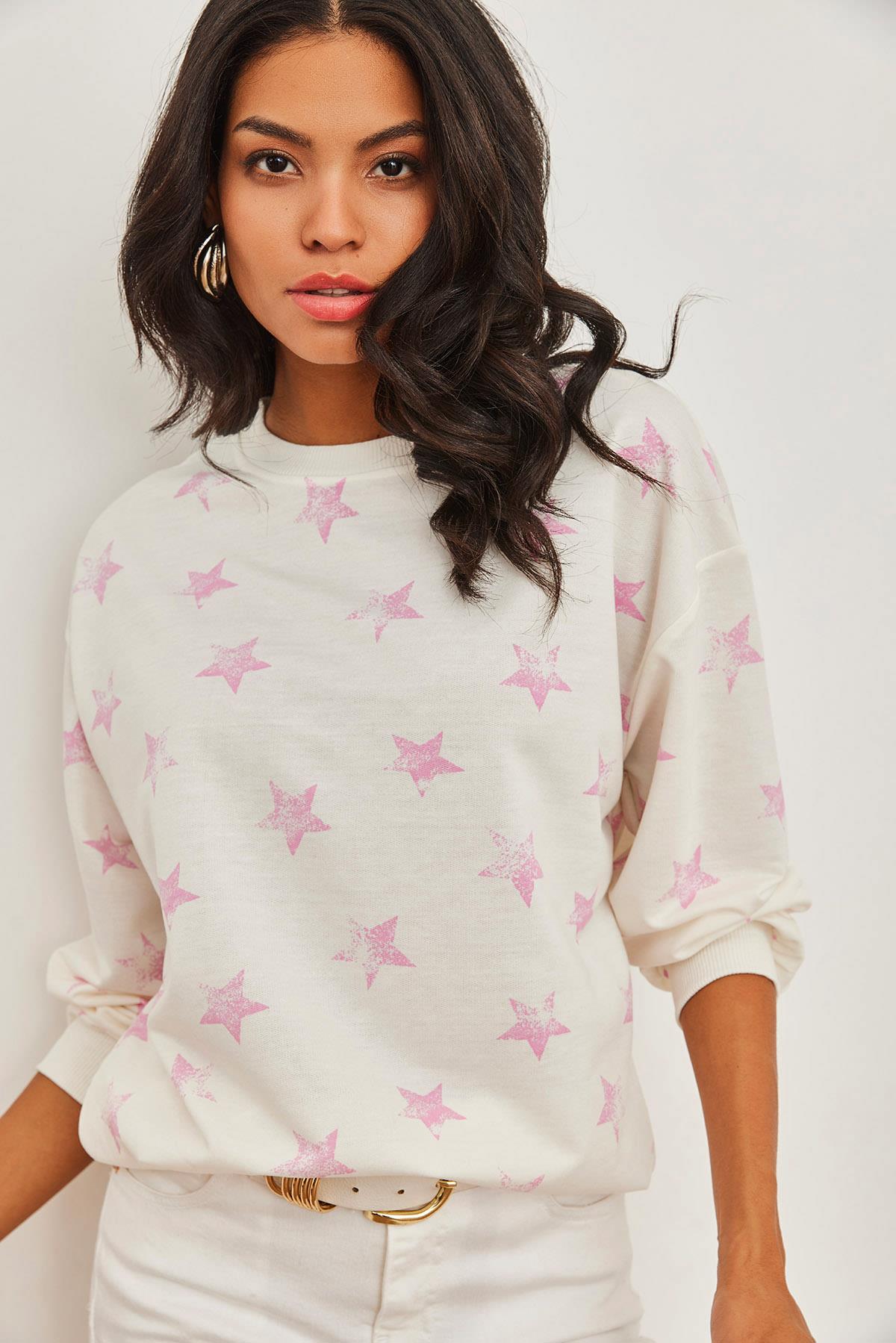 Basic Yumuşak Dokulu Salaş Sweatshirt Yıldız Pembe