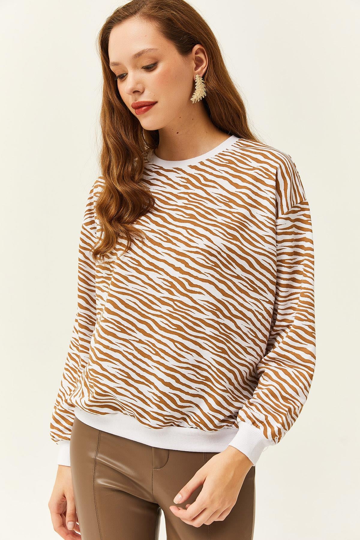Basic Yumuşak Dokulu Salaş Sweatshirt Zebra Kahve