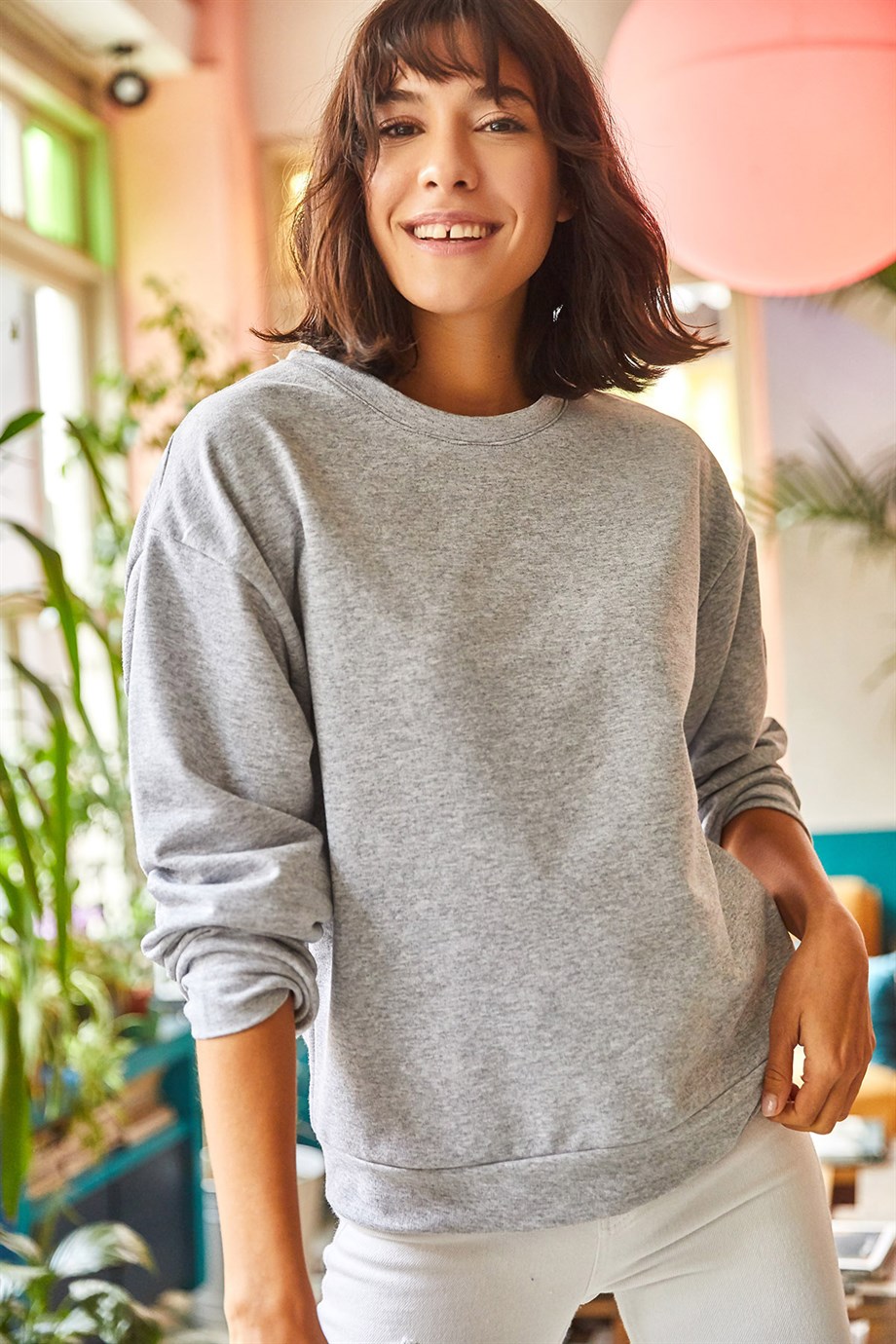 Basic Yumuşak Dokulu Salaş Sweatshirt Gri Melanj