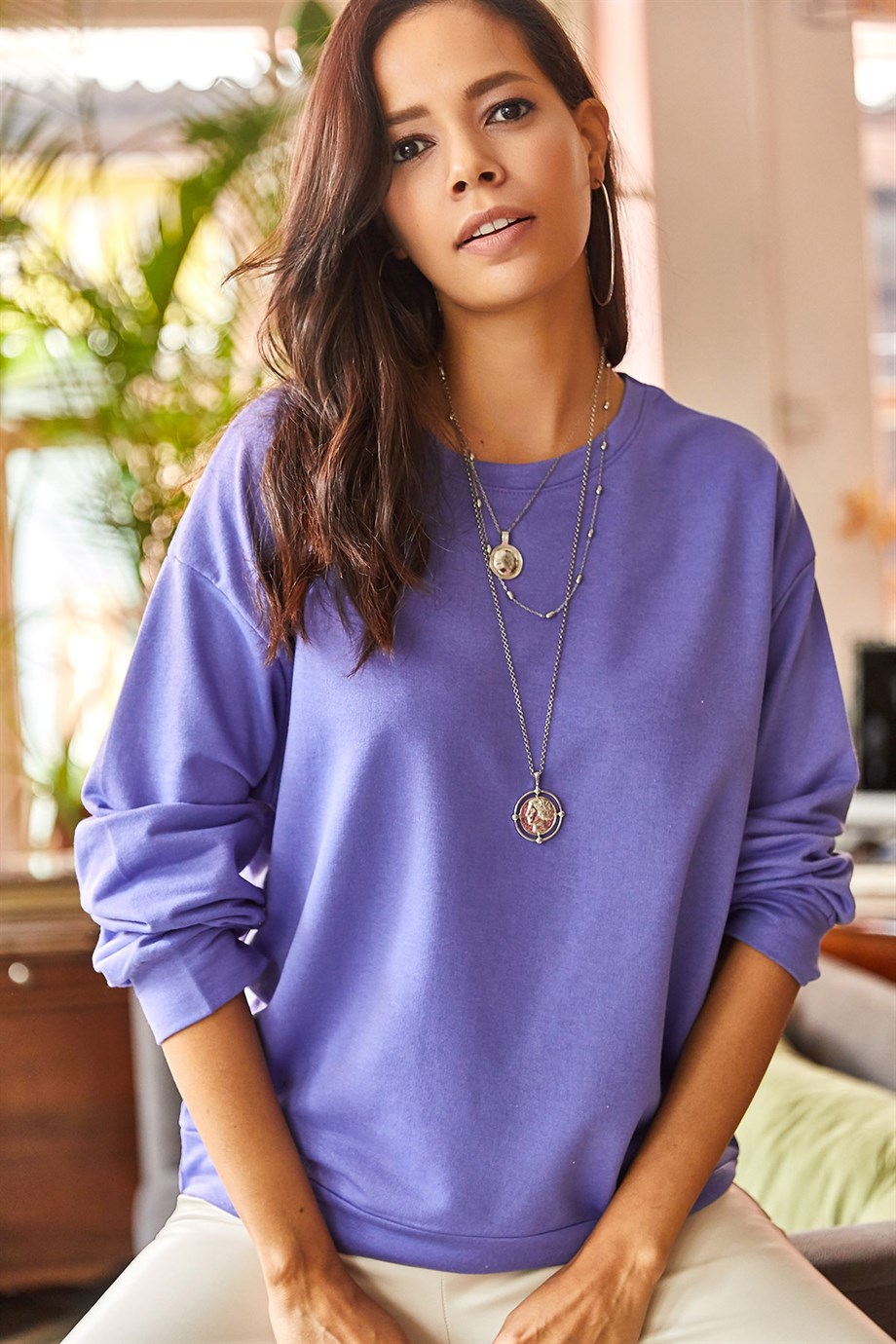 Basic Yumuşak Dokulu Salaş Sweatshirt Düz Mor
