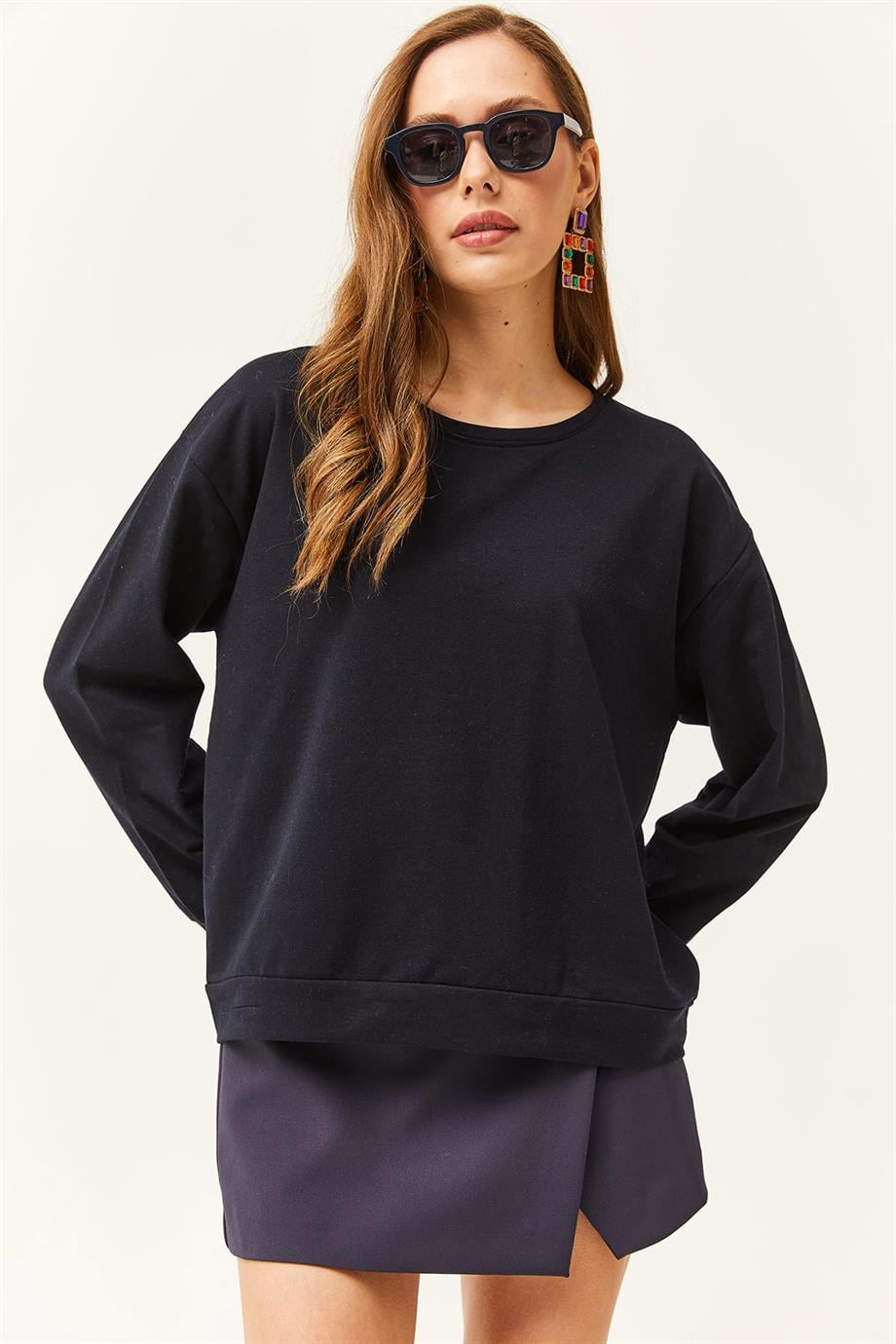 Basic Yumuşak Dokulu Salaş Sweatshirt Lacivert
