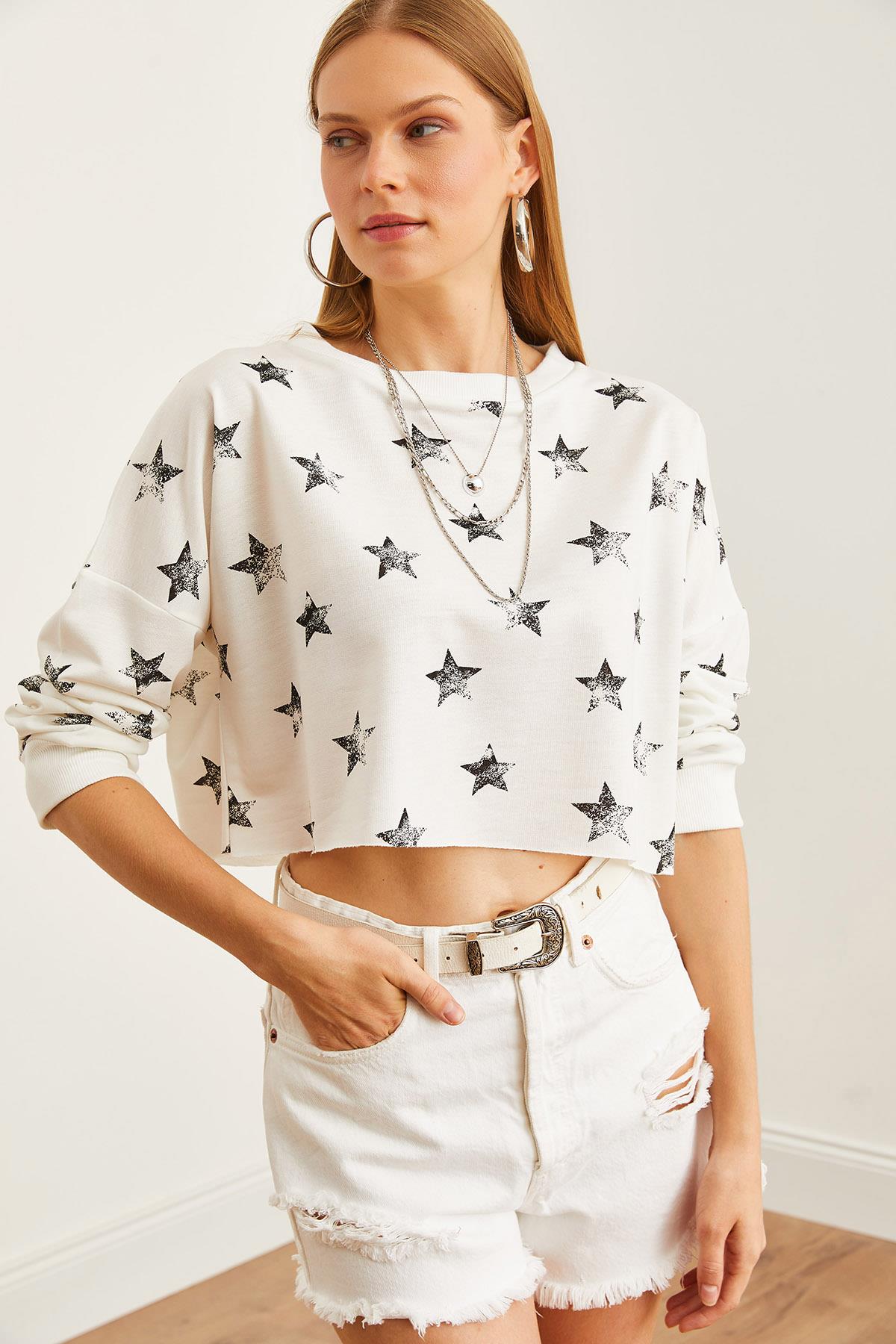 Baskılı Crop İnce Sweatshirt Varak Beyaz