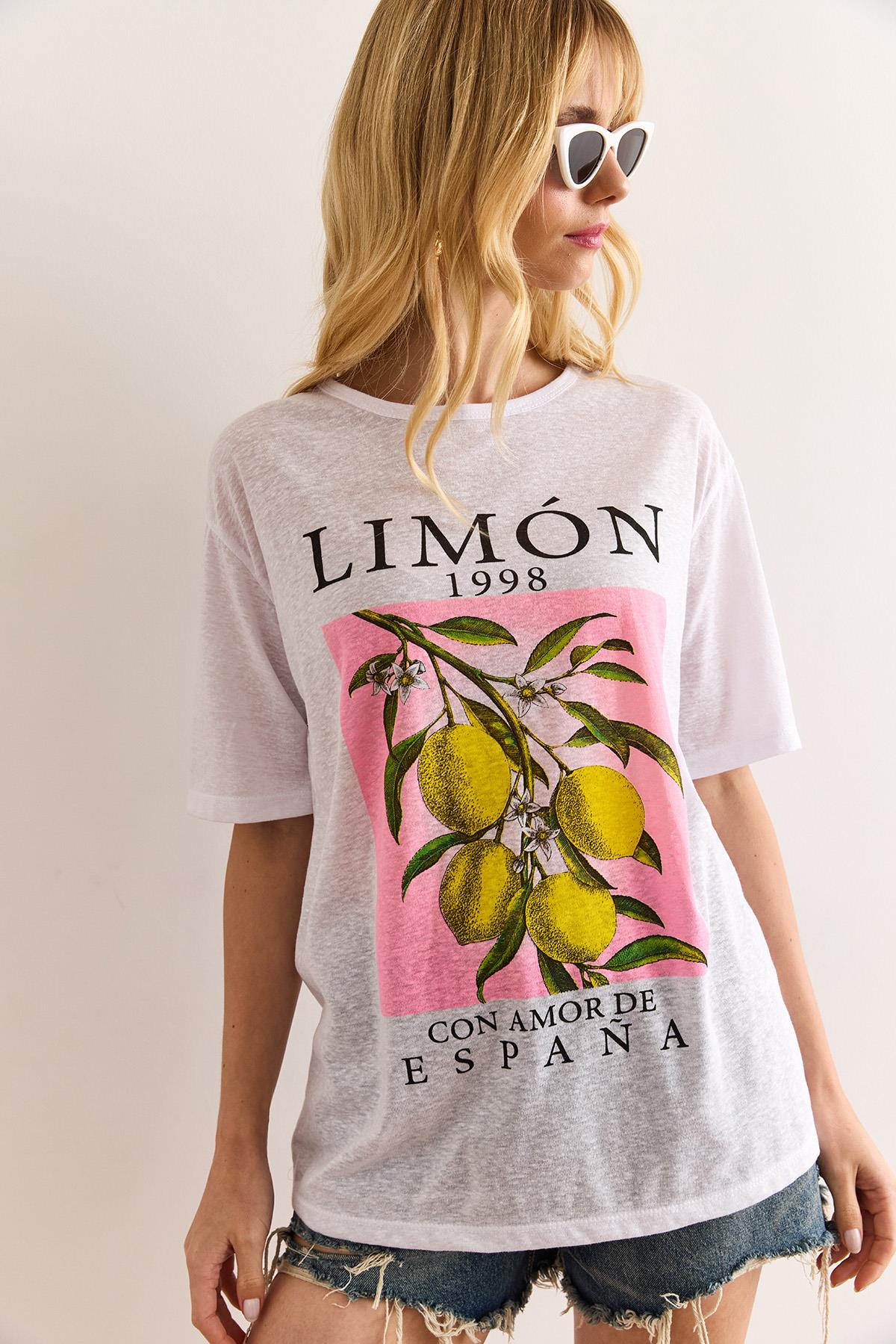 Baskılı Flamlı Tişört Limon Beyaz