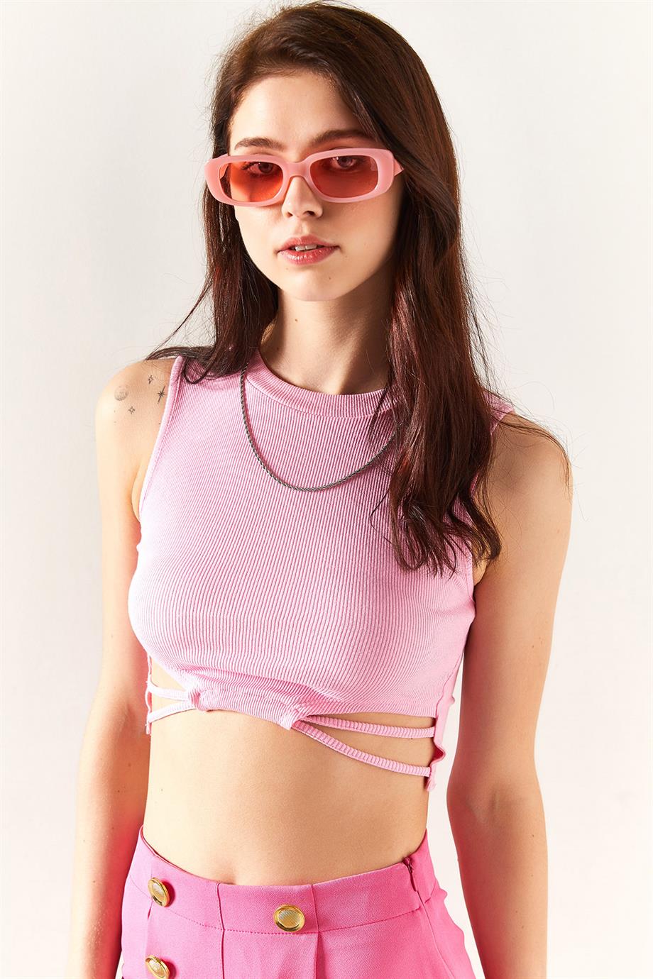 Bel Dekolteli Likralı Crop Bluz Şeker Pembe