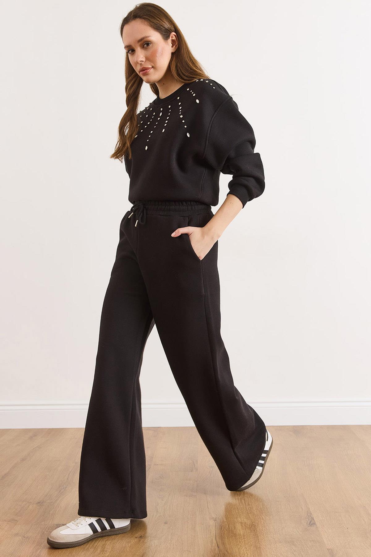 Beli Bağcıklı Cepli Wide Leg Şardonlu Kalın Eşofman Altı Siyah