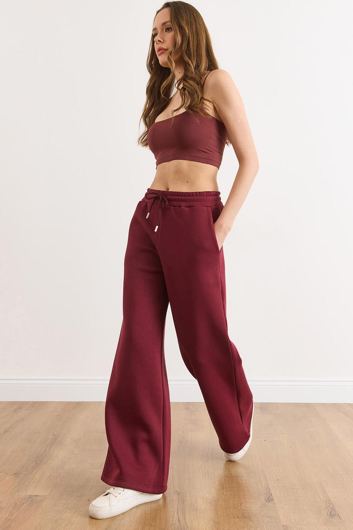 Beli Bağcıklı Cepli Wide Leg Şardonlu Kalın Eşofman Altı Bordo