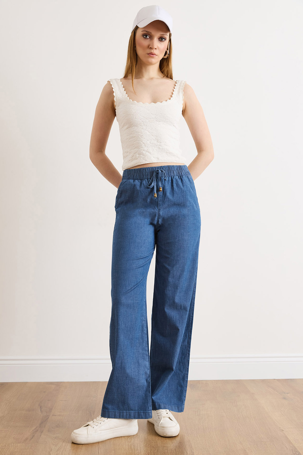 Beli Lastikli Bol Paça Denim Pantolon Mavi
