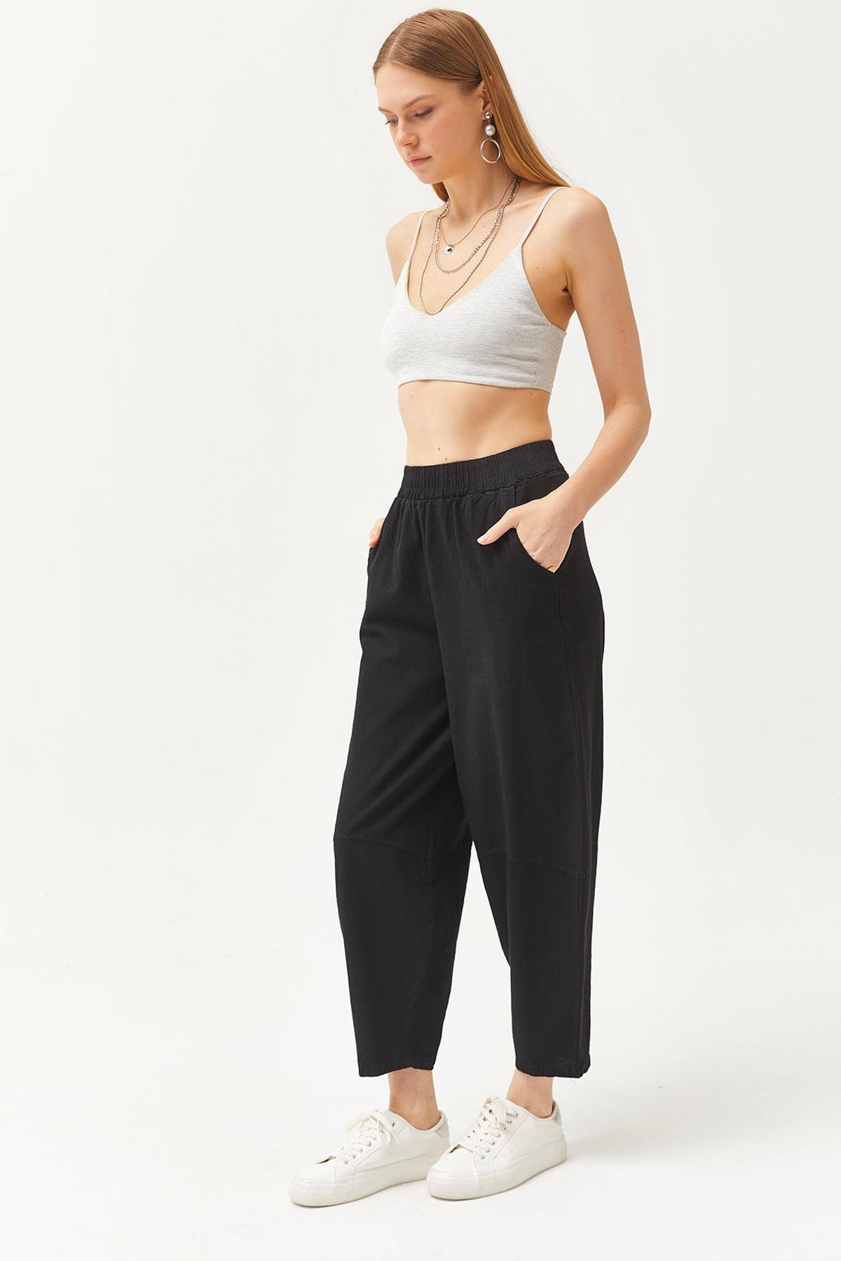 Beli Lastikli Cepli Şalvar Kesim Gabardin Pantolon Siyah