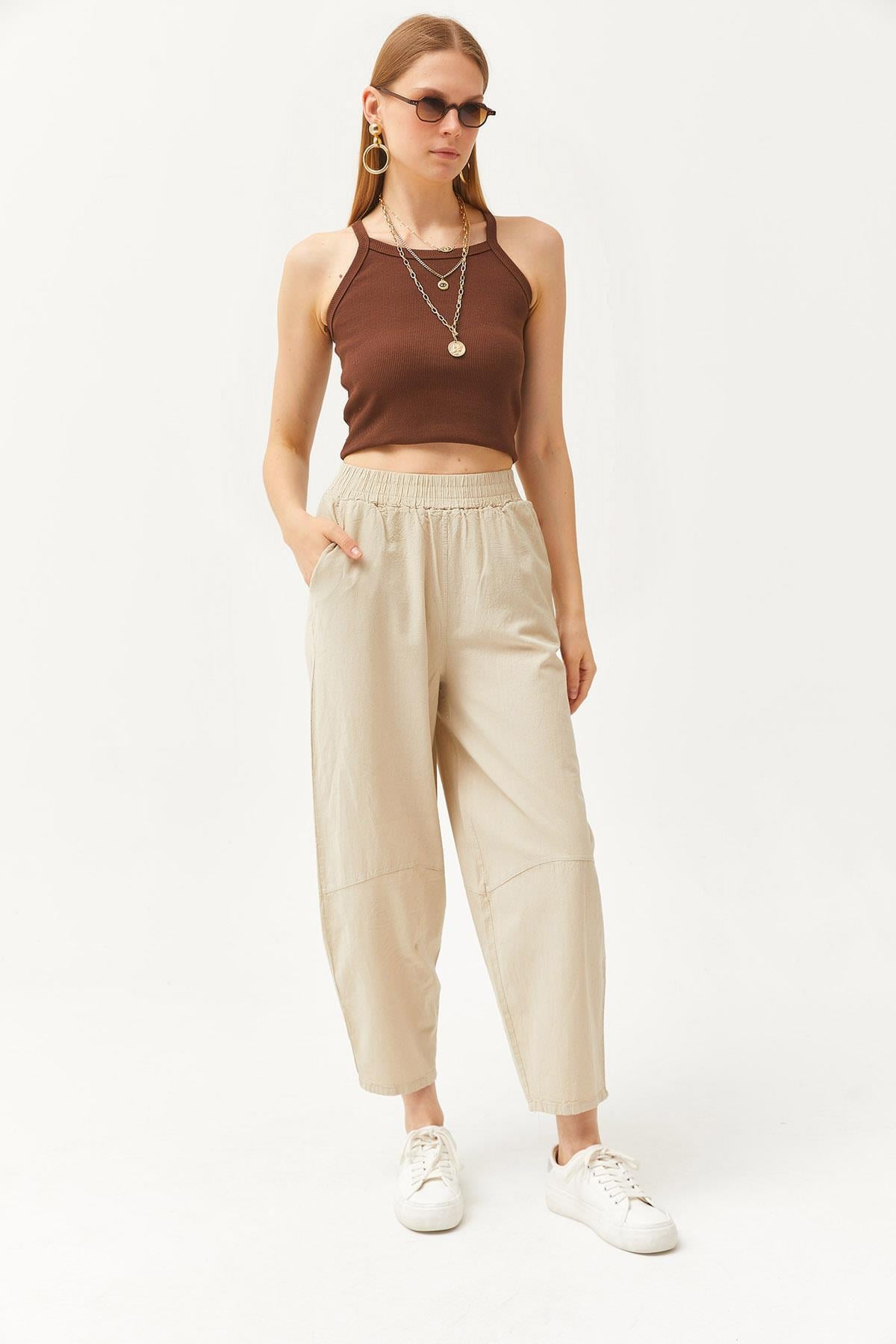 Beli Lastikli Cepli Şalvar Kesim Gabardin Pantolon Taş