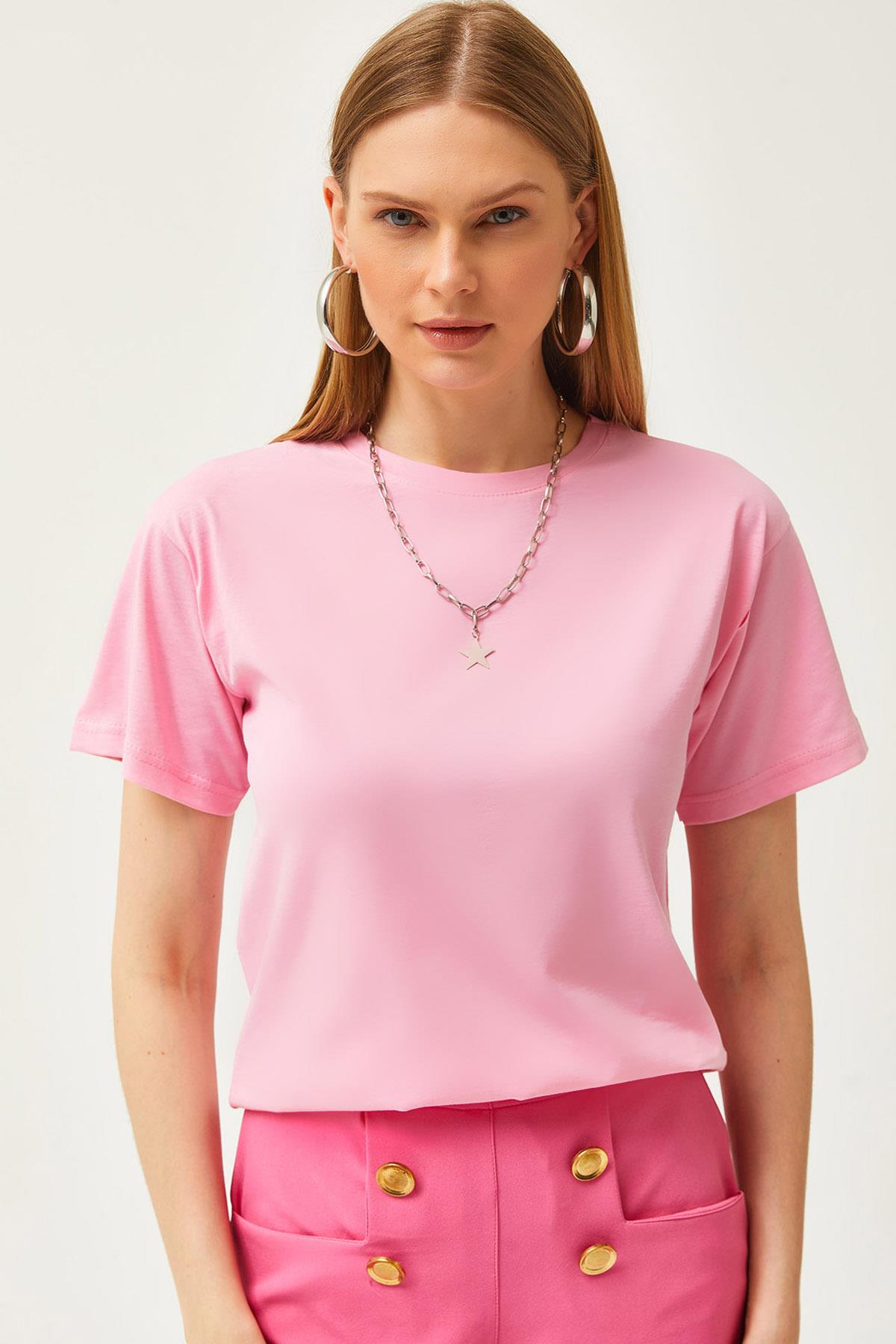 Bisiklet Yaka Basic Tişört Pembe