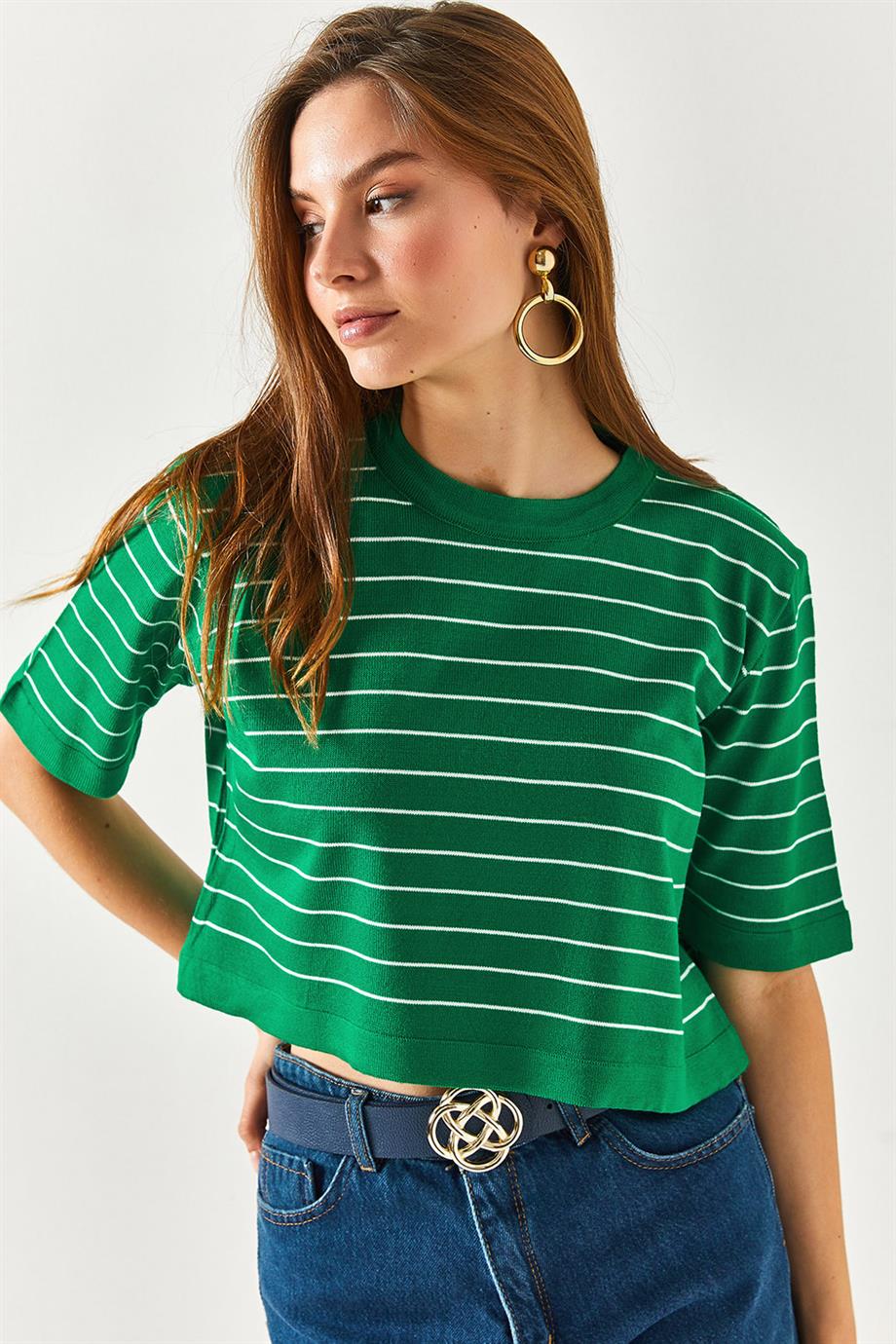 Bisiklet Yaka Çizgili Crop Triko Bluz Çimen Yeşili