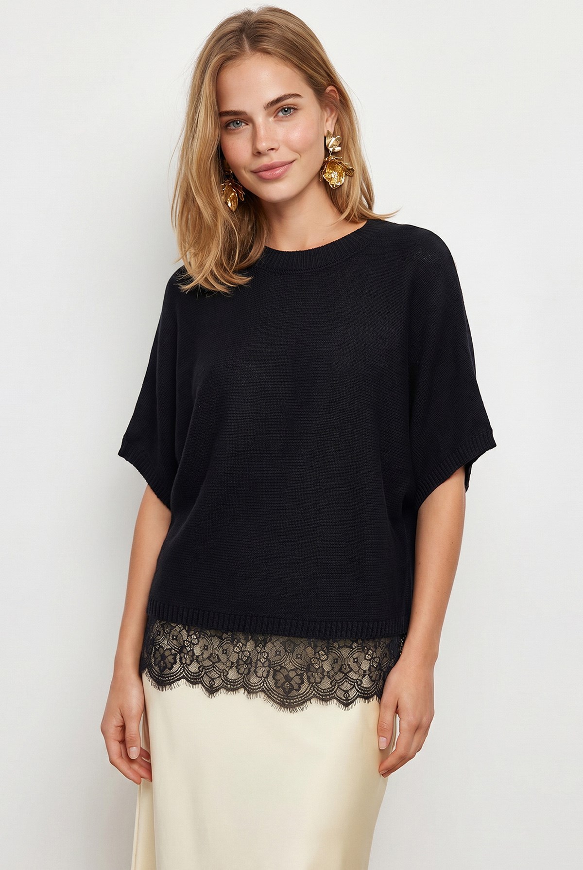 Bisiklet Yaka Dantel Detaylı Loose Fit Triko Bluz Siyah