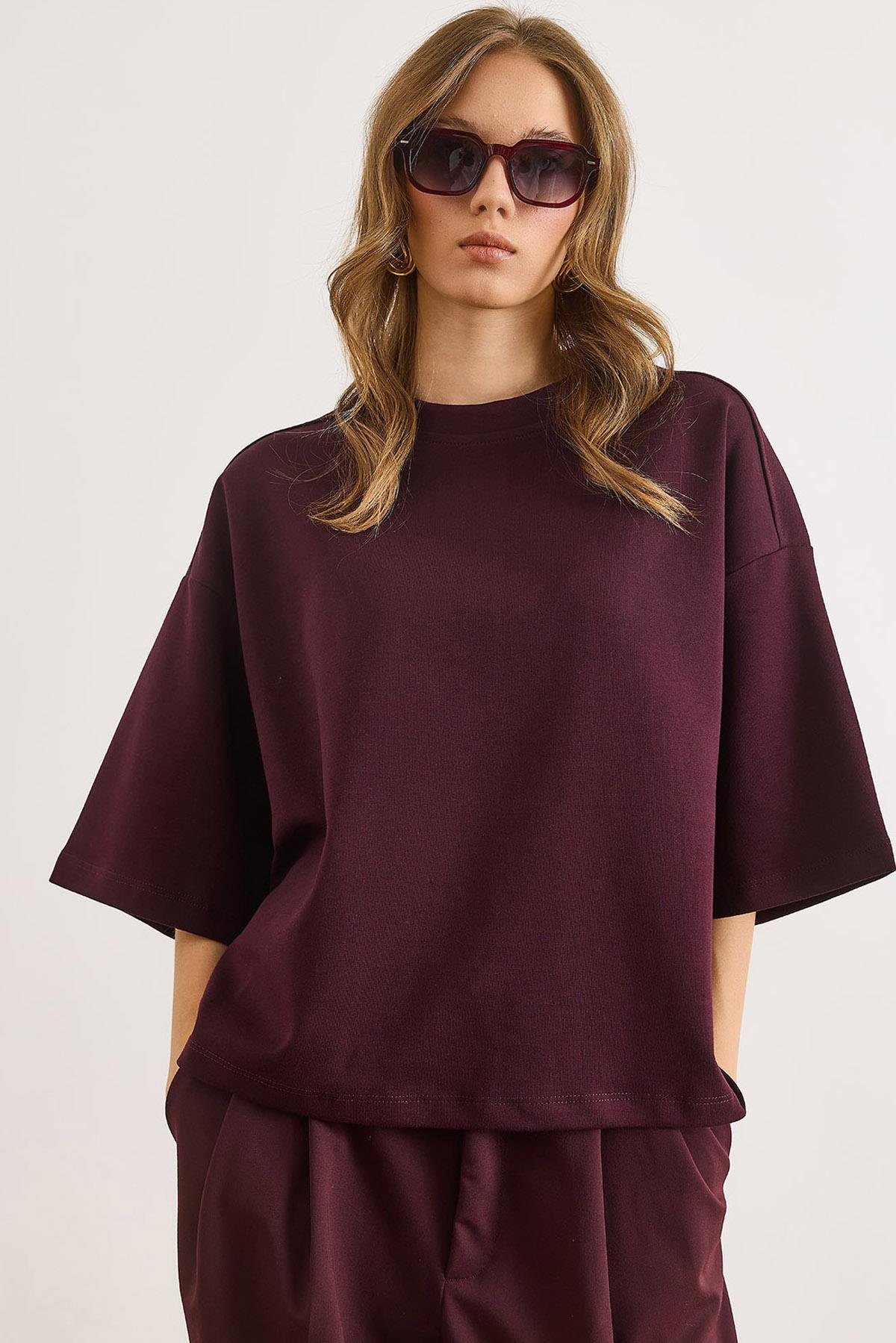 Bisiklet Yaka Oversize İnterlok Tişört Bordo