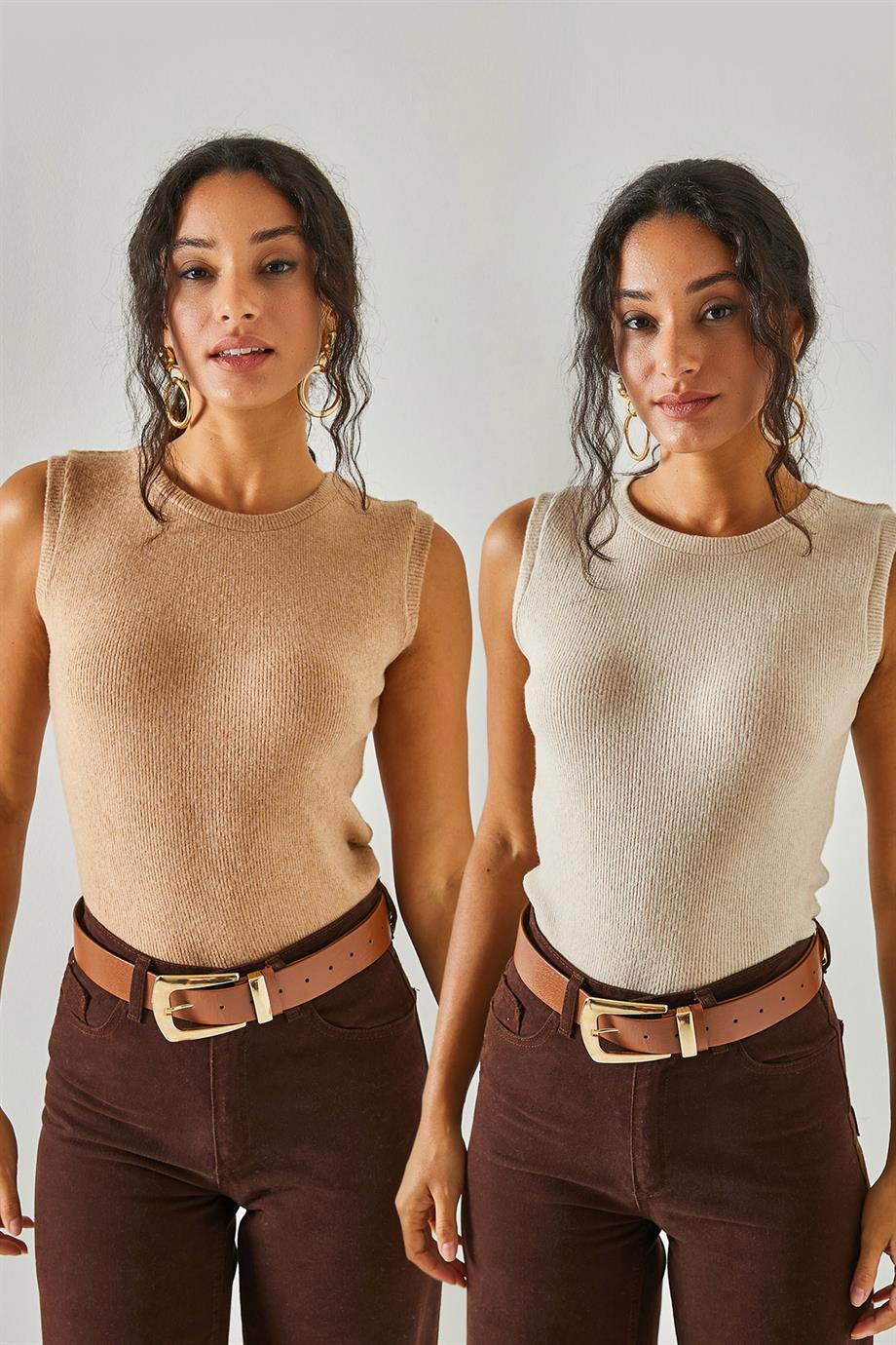 Bisiklet Yaka Şardonlu 2'li Paket Bluz Taş Camel