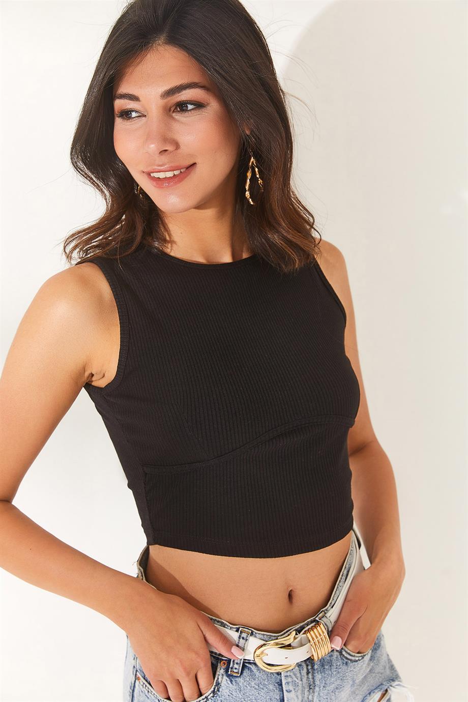 Biye Detaylı Likralı Crop Bluz Siyah
