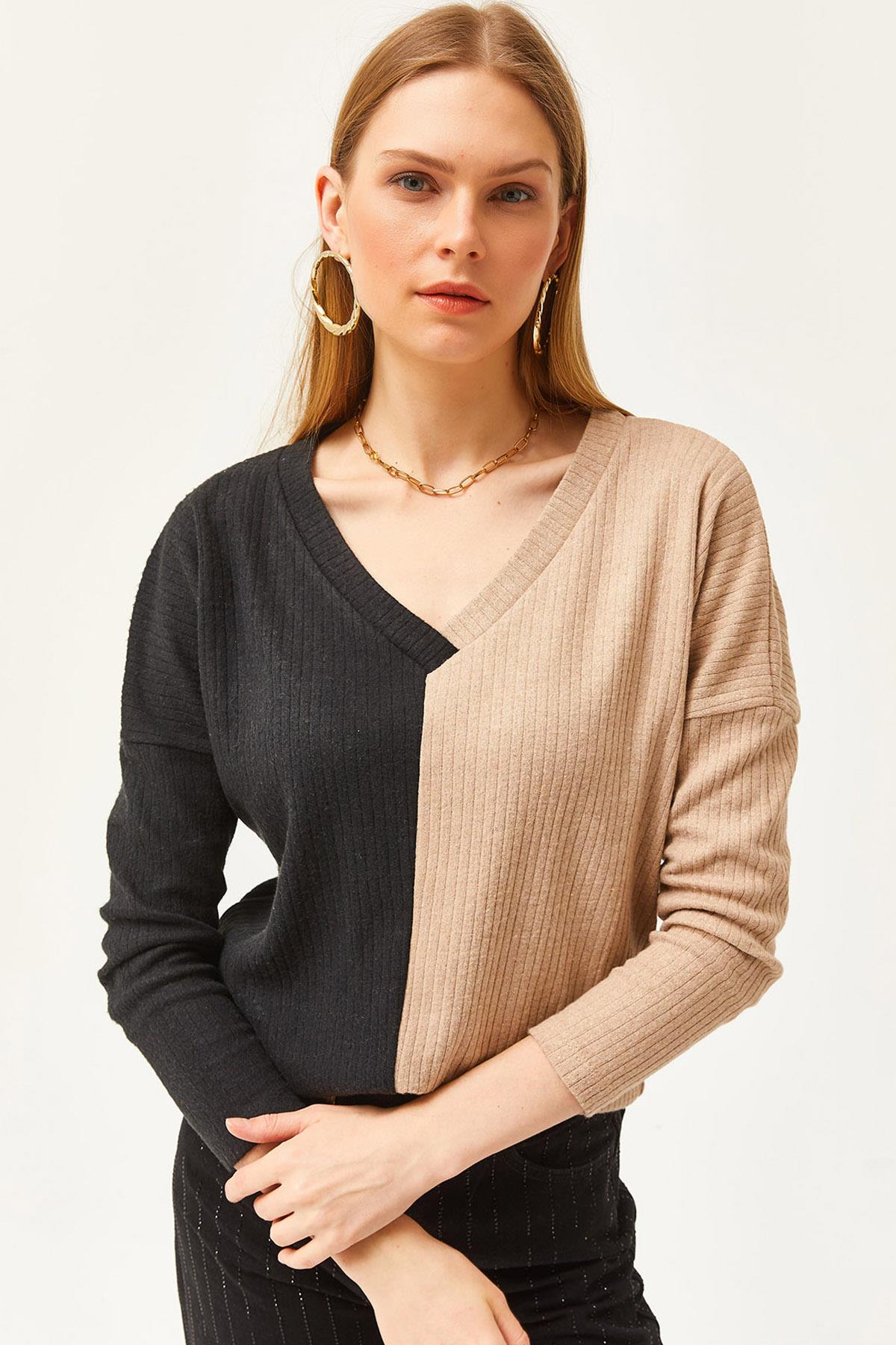 Bloklu Şardonlu Salaş Bluz Siyah Camel