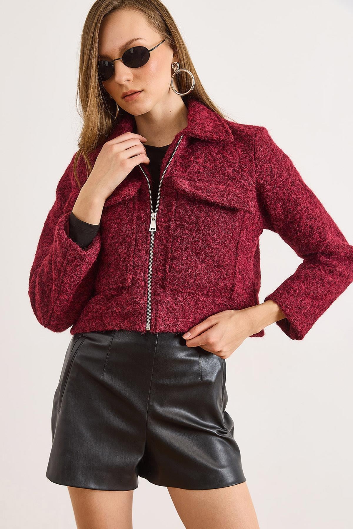 Cepli Astarlı Şardonlu Kaşe Ceket Bordo