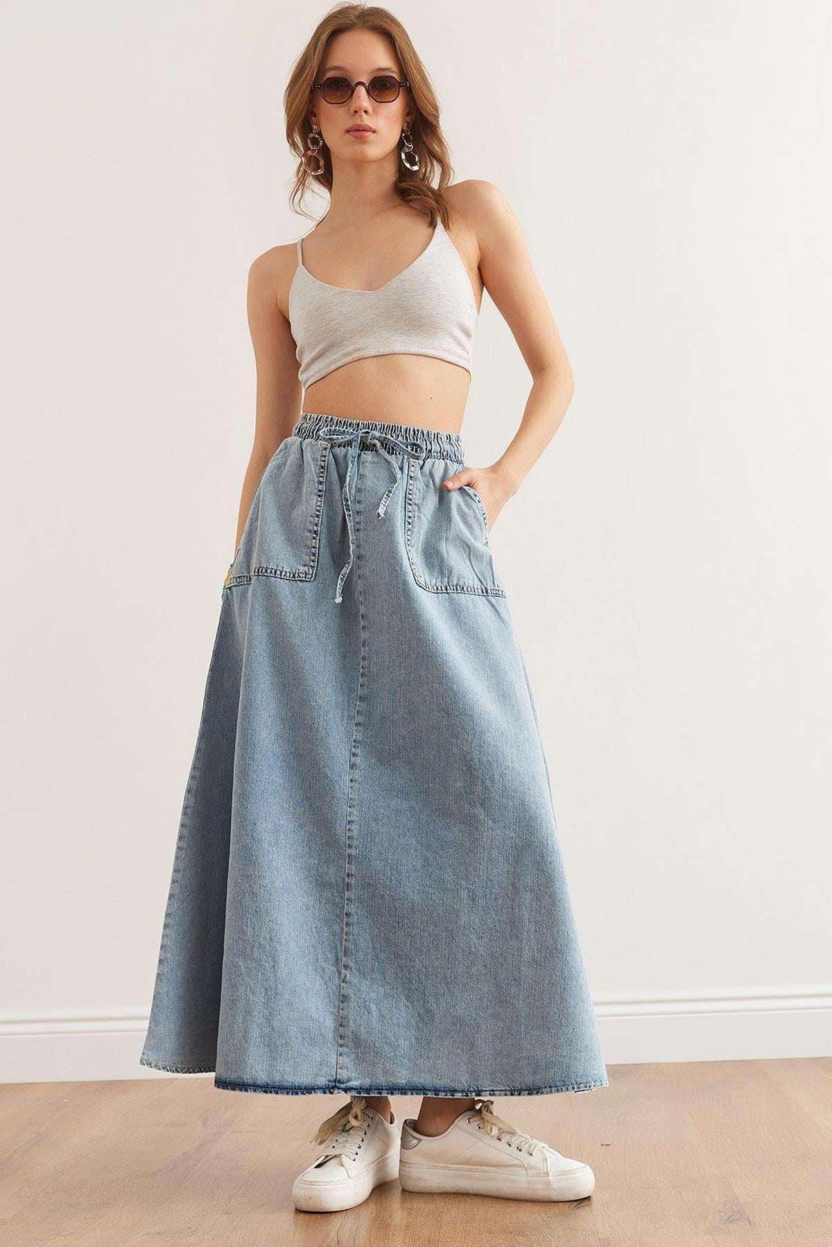 Cepli Bağcıklı Maxi Denim Etek Mavi