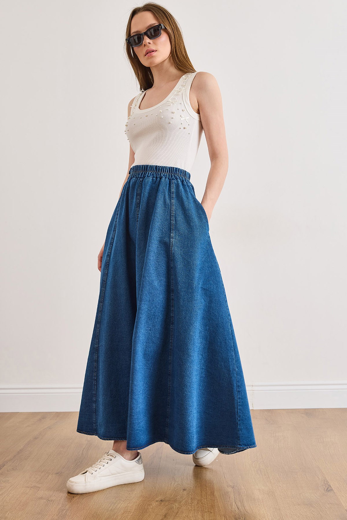 Cepli Denim Maksi Çan Etek Orta Mavi