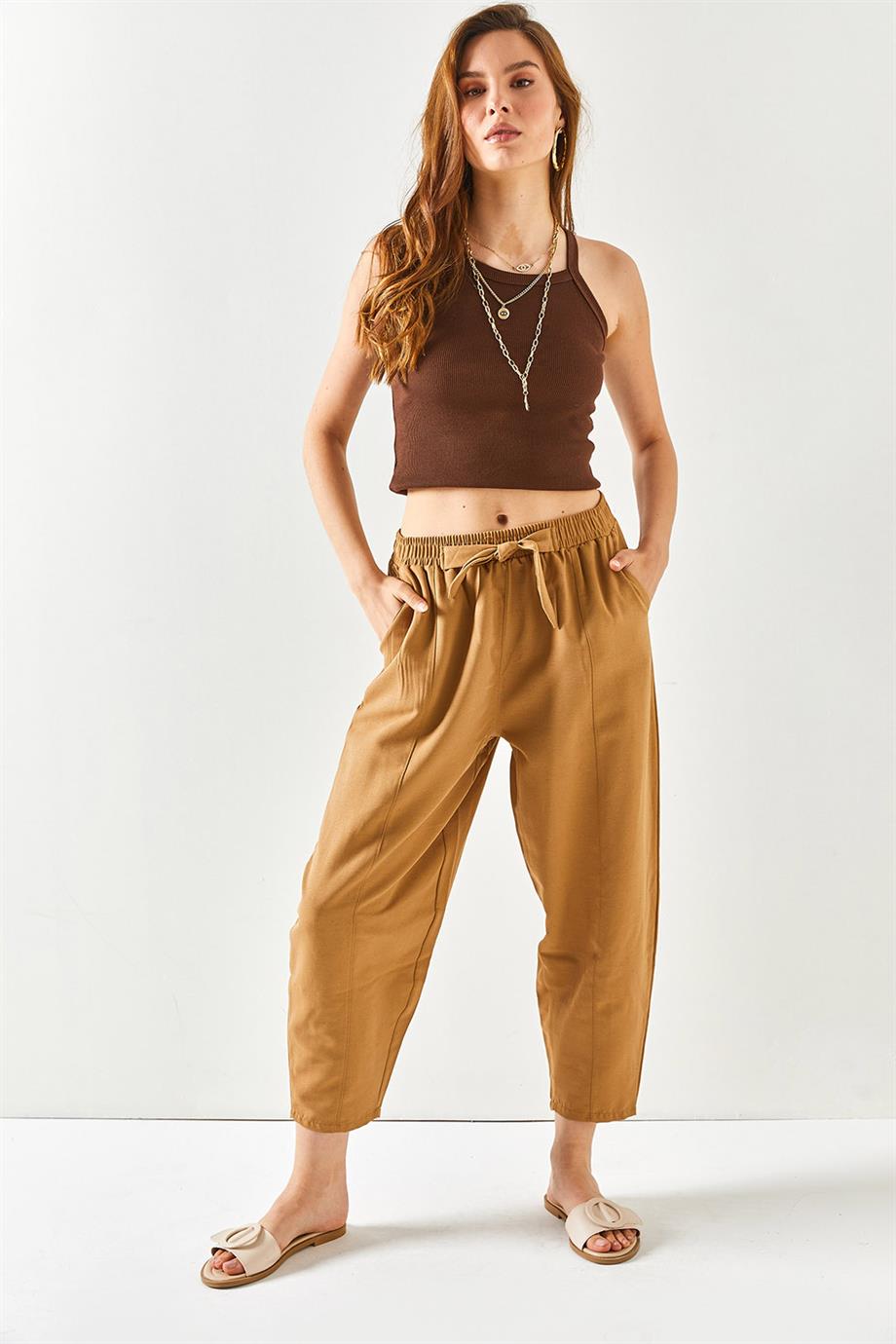 Cepli Dikiş Detaylı Keten Şalvar Pantolon Camel