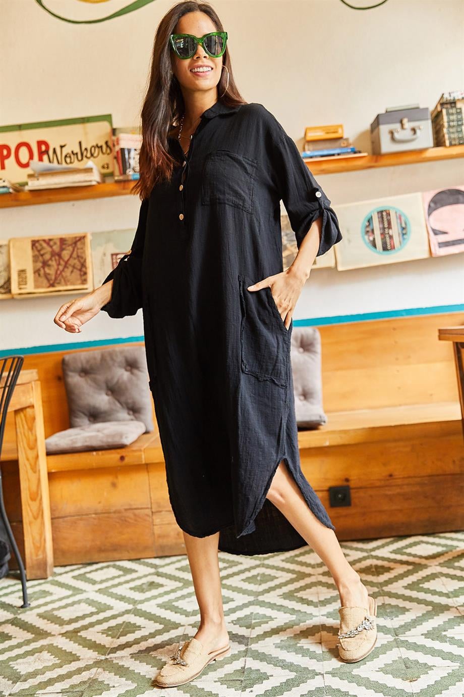 Cepli Kol Katlamalı Oversize Keten Elbise Siyah
