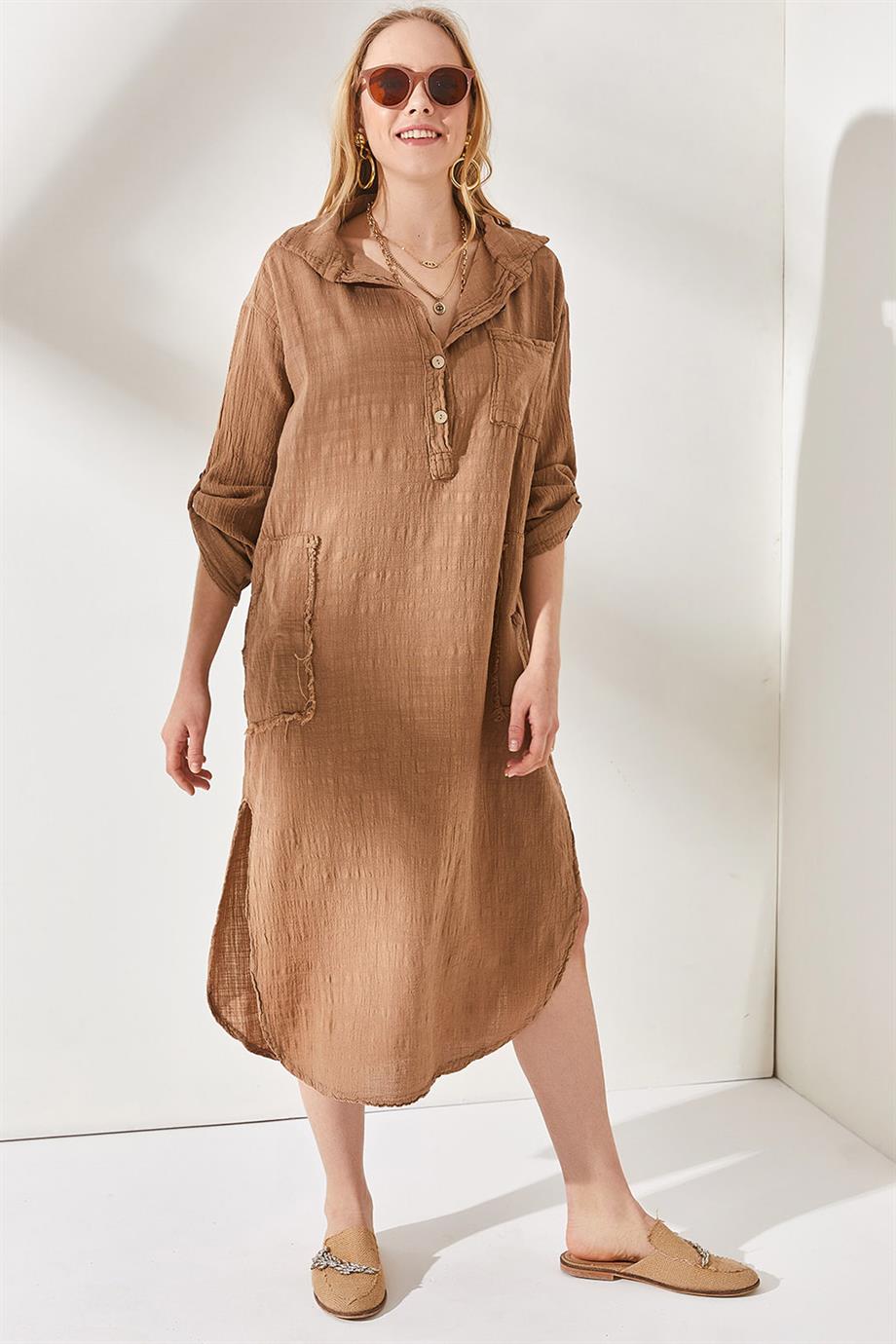 Cepli Kol Katlamalı Oversize Keten Elbise Camel