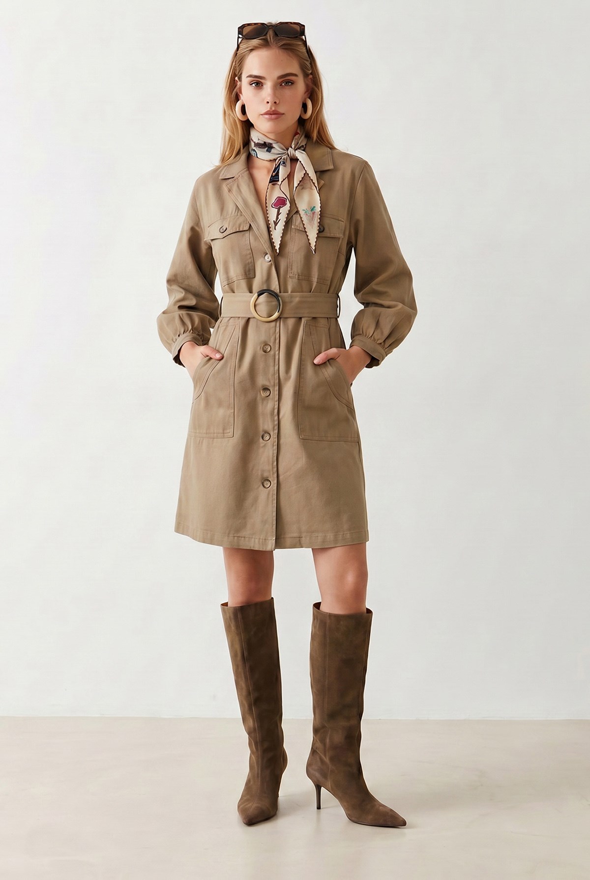 Cepli Kuşaklı Gabardin Gömlek Elbise Camel