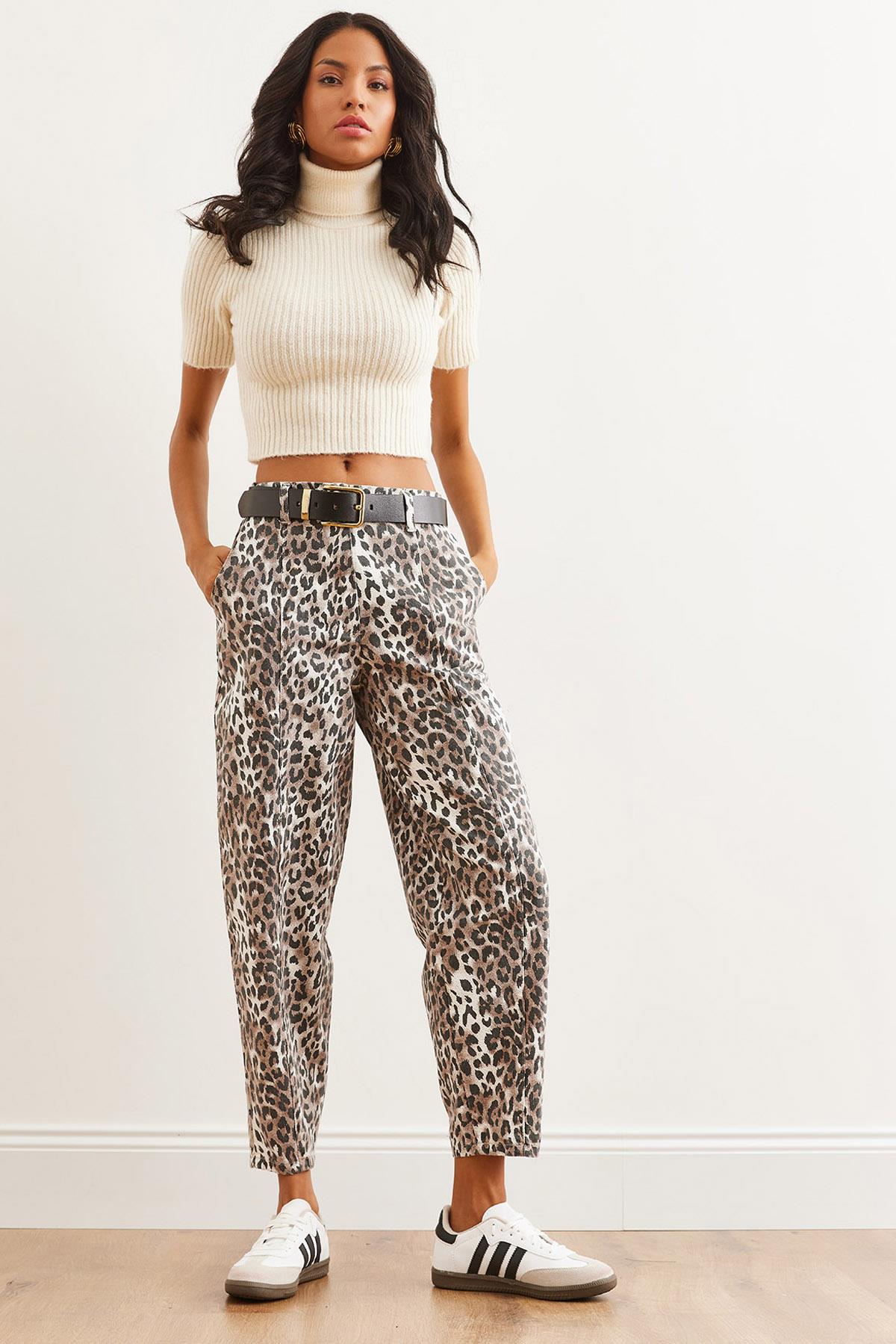 Cepli Leopar Balon Gabardin Pantolon Ekru Leopar