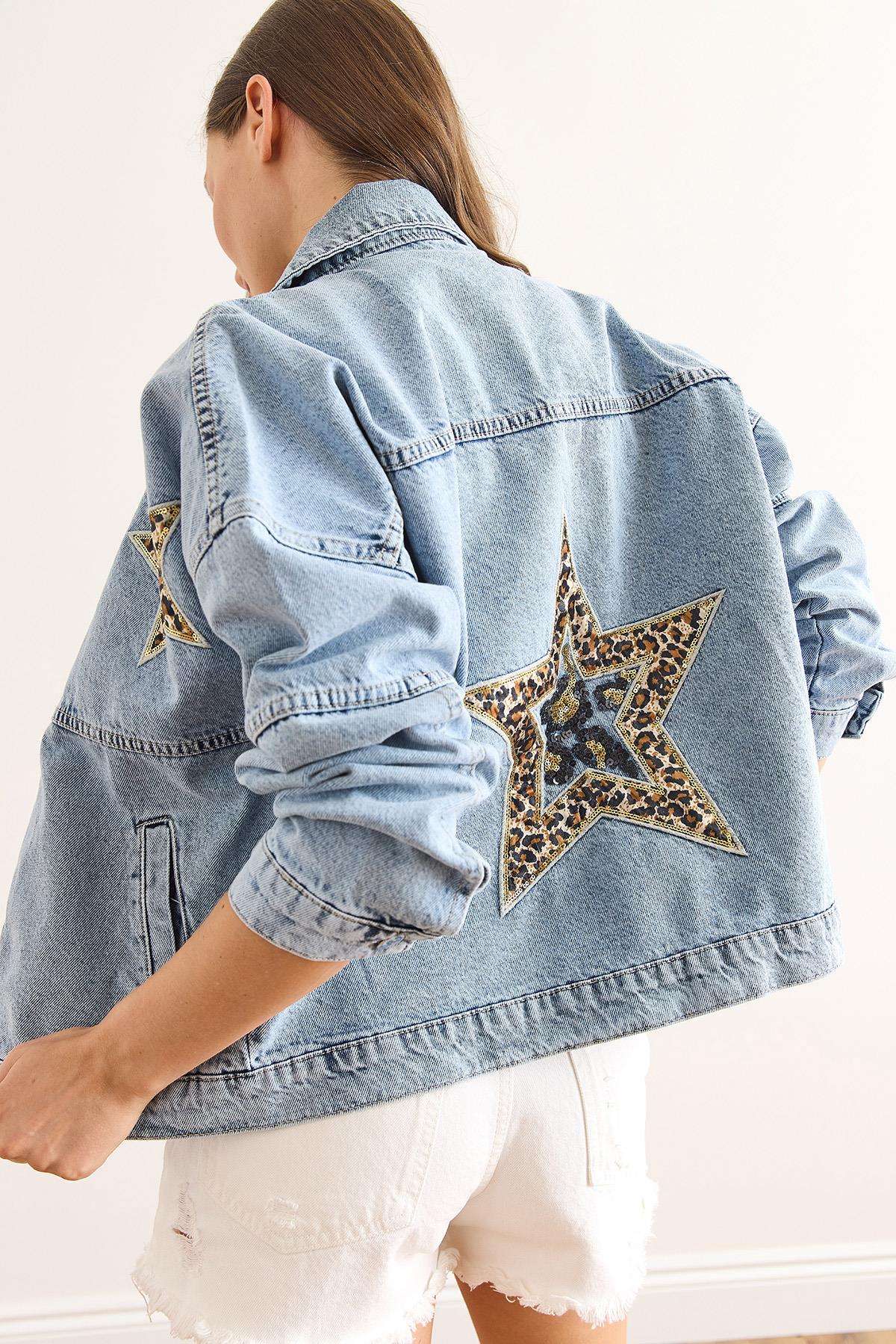 Cepli Ön Arka Leopar Yıldız Aplikeli Pamuk Denim Ceket Mavi