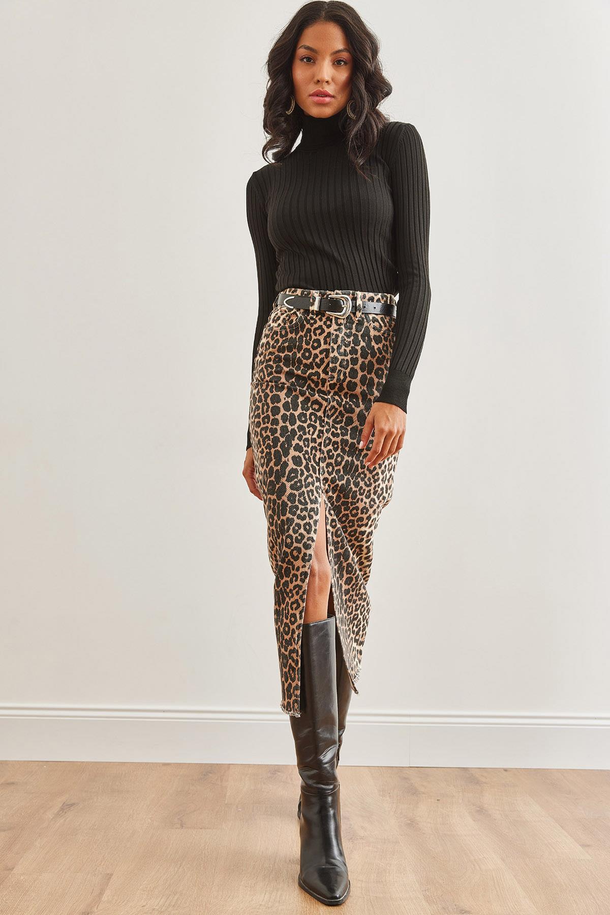 Cepli Yırtmaçlı Leopar Gabardin Etek Leopar Taş