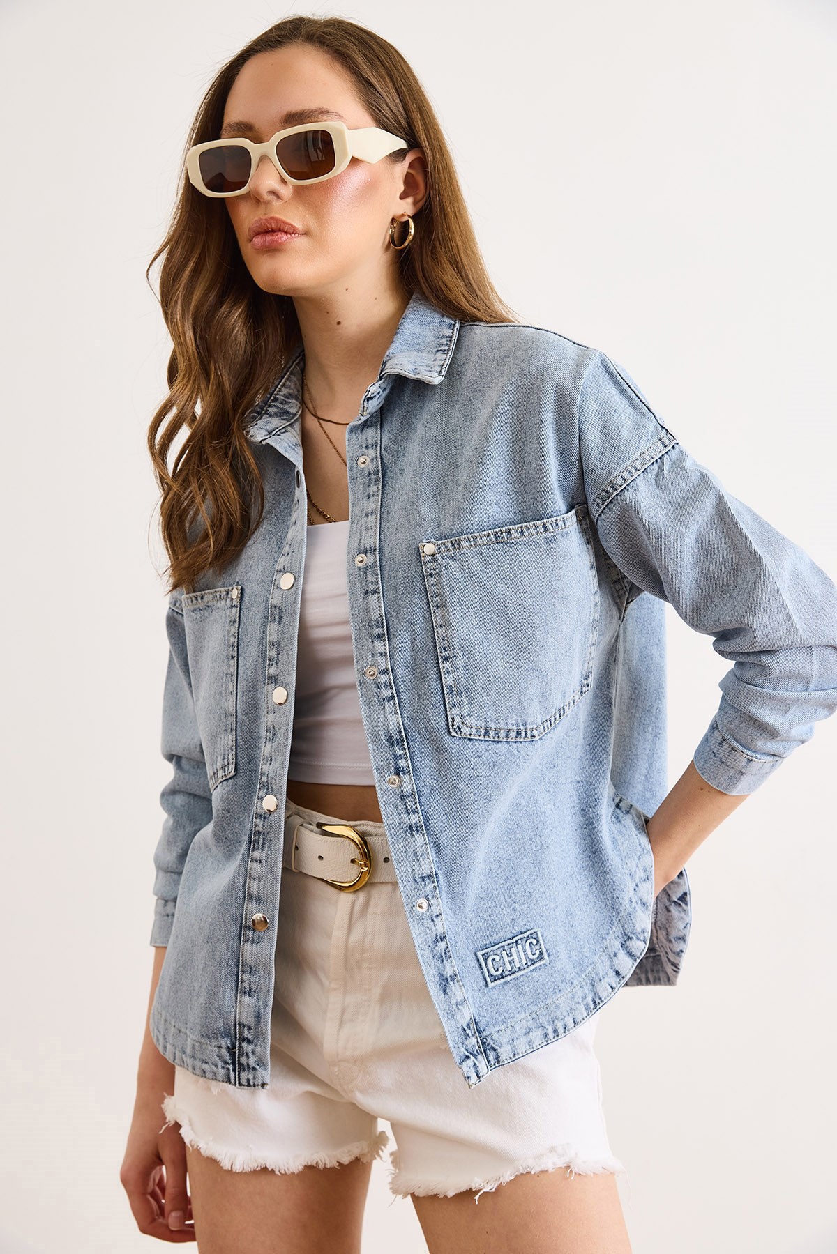 Chic Nakışlı Cepli Balıksırtı Gabardin Gömlek Ceket Mavi Denim