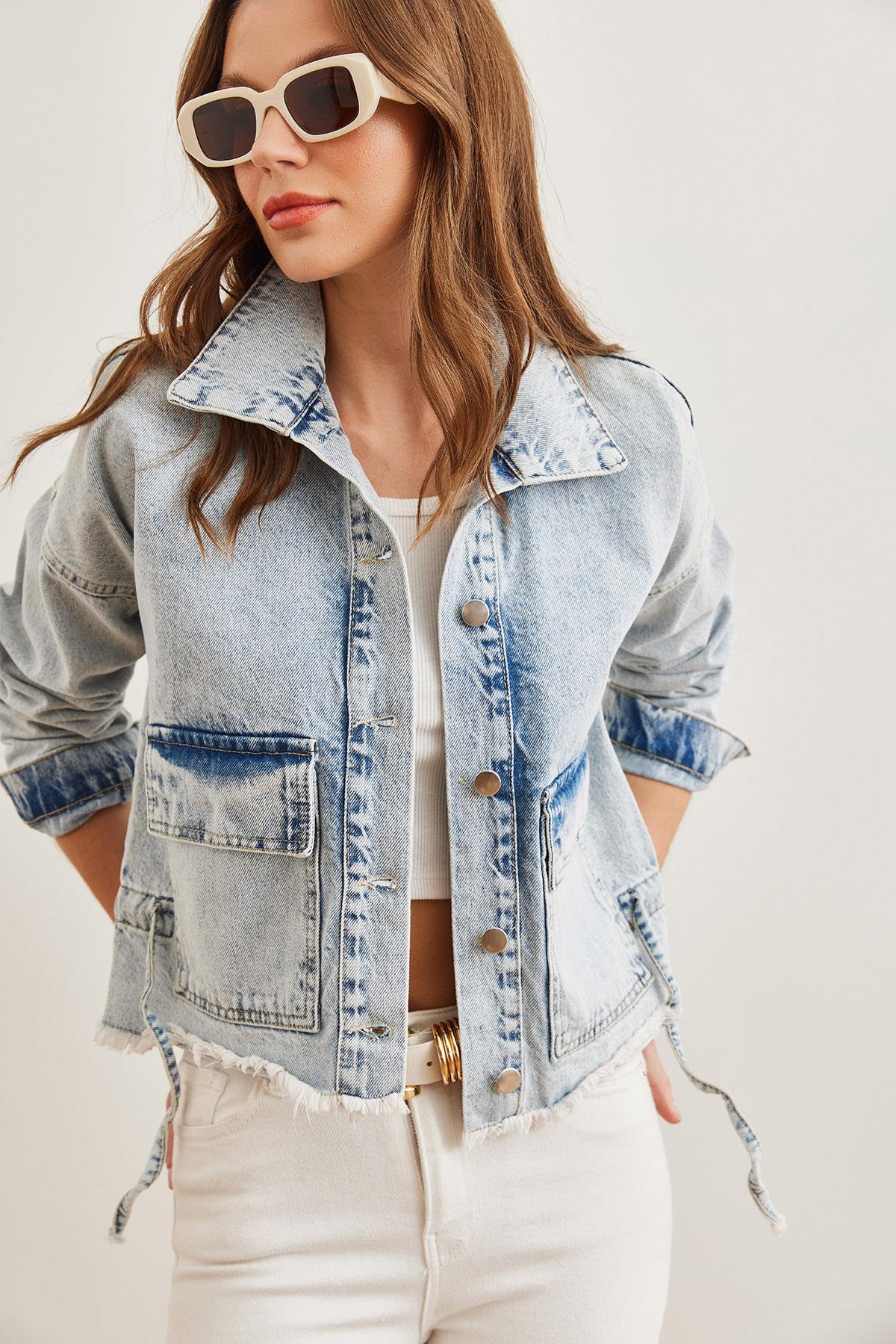 Çift Cepli Püsküllü Denim Ceket Açık Mavi