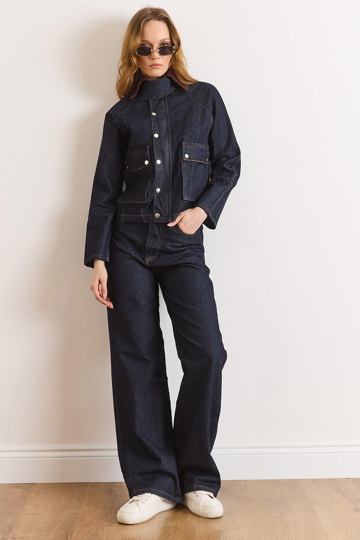 Çıtçıtlı Ceket Pantolon Denim Takım Lacivert