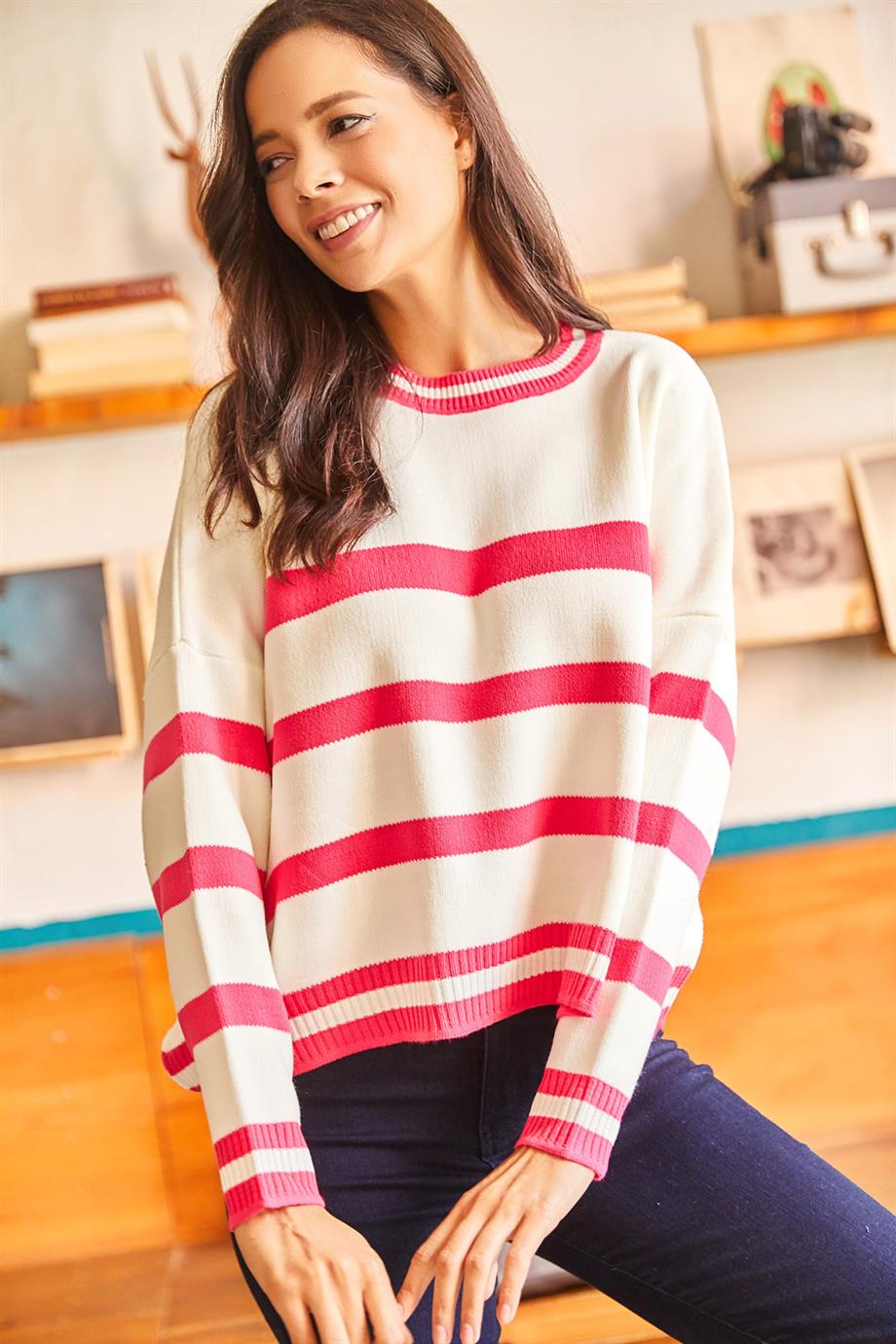 Çizgili Yarasa Oversize Crop Triko Kazak Fuşya