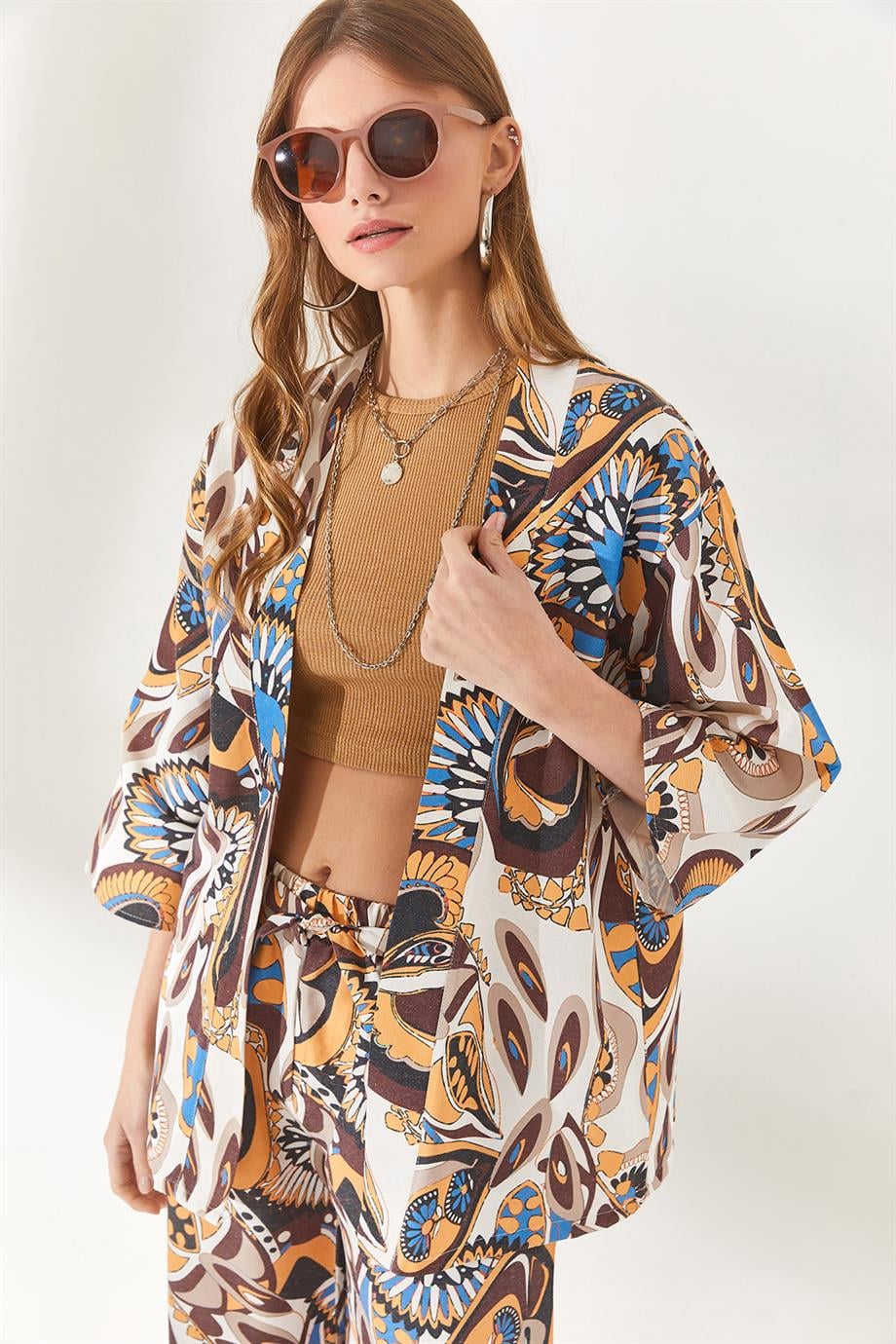 Desenli Keten Kimono Şal Kahverengi